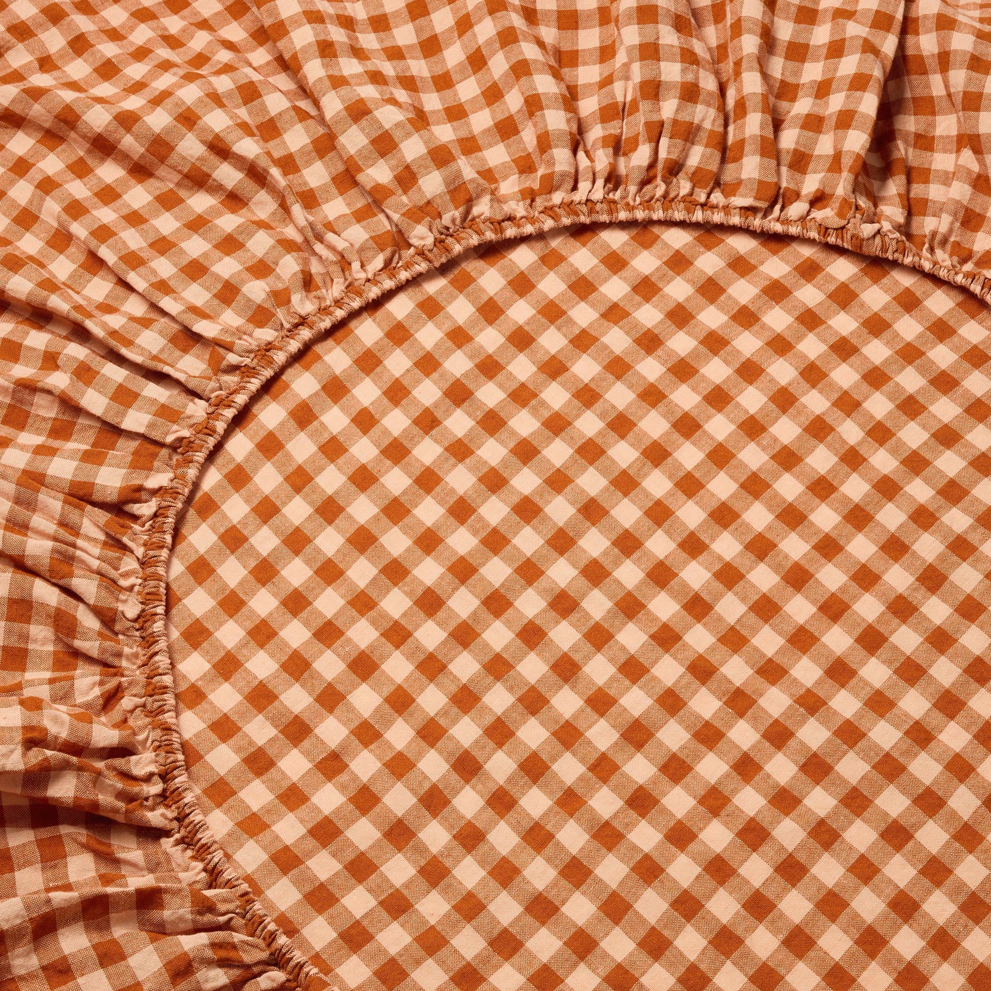 Cinnamon & Peach Color Drenched Gingham 100% Linen Fitted Sheet