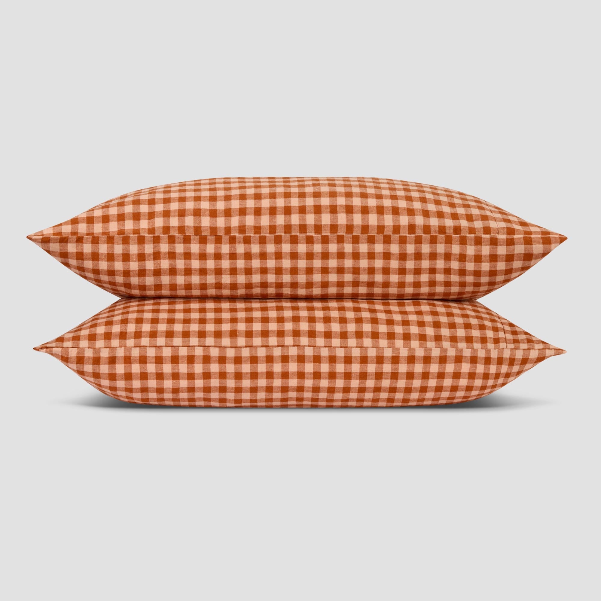 Cinnamon & Peach Color Drenched Gingham 100% Linen Pillowcases (Pair)