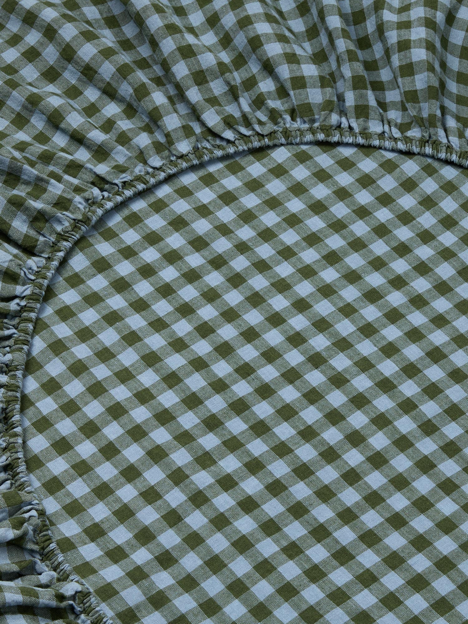 Fern Green & Dusk Blue Color Drenched Gingham 100% Linen Fitted Sheet
