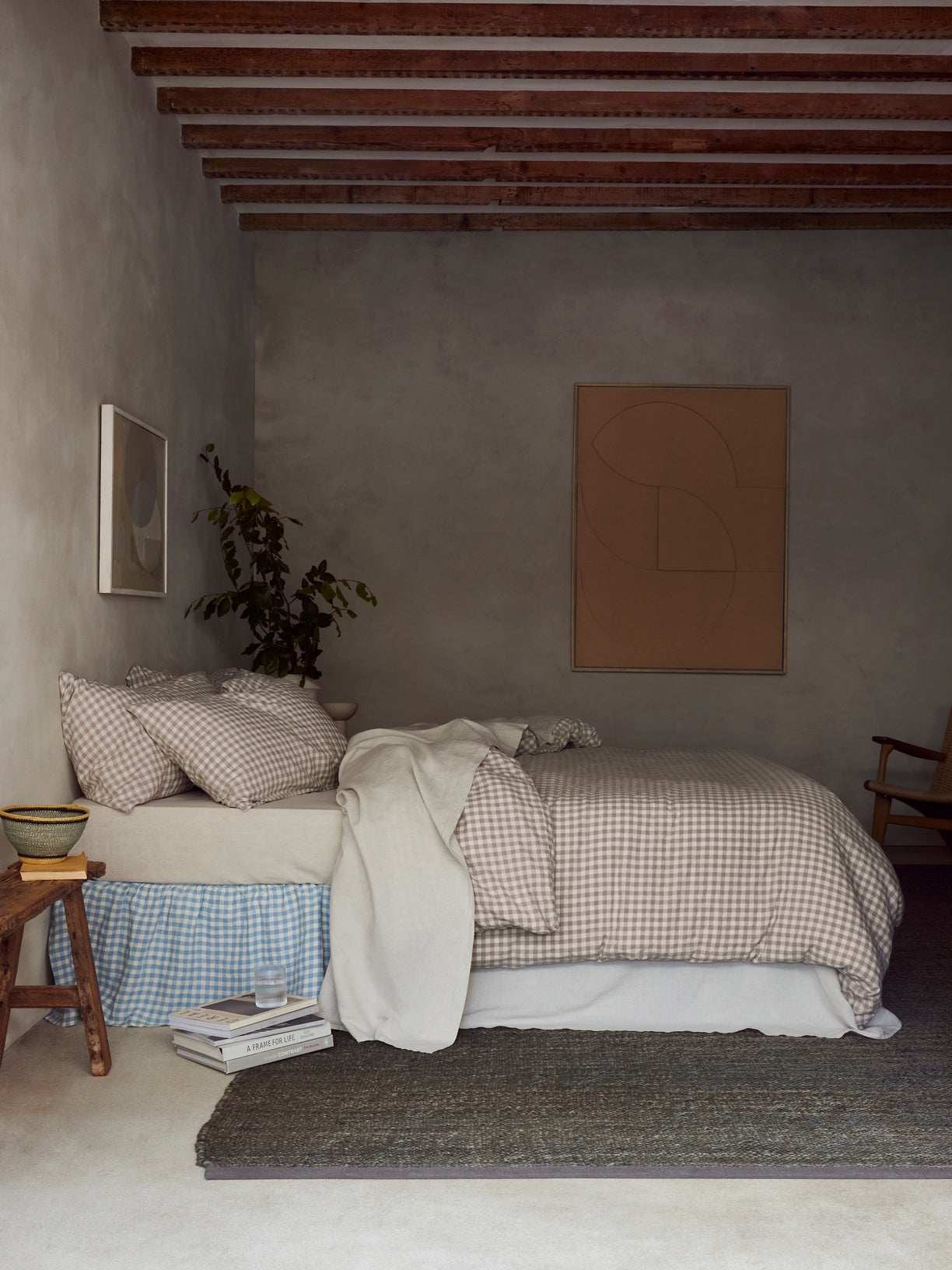 Mushroom Gingham 100% Linen Duvet Cover