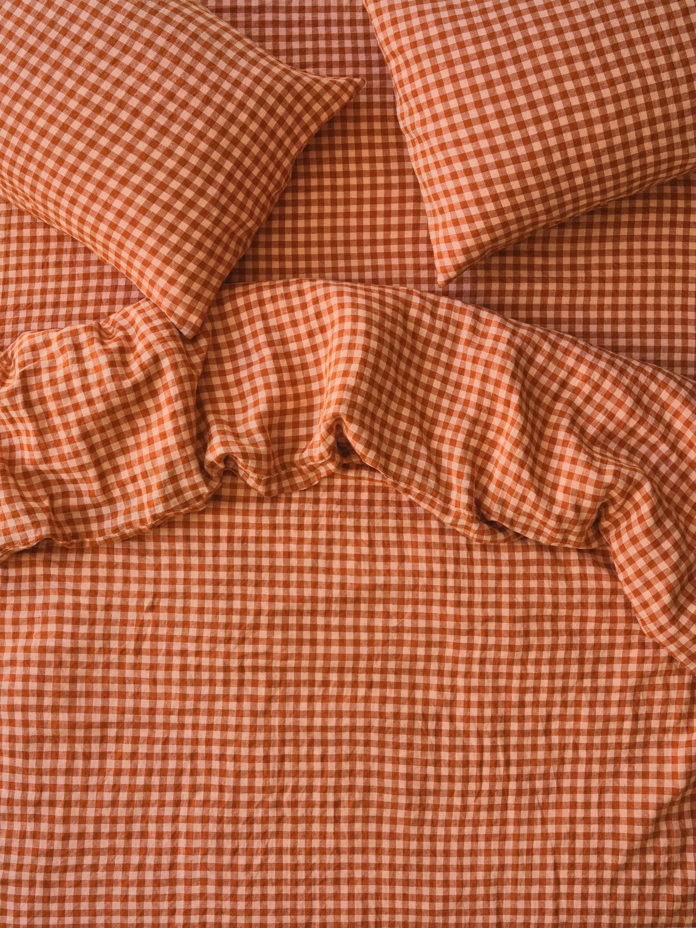 Cinnamon & Peach Color Drenched Gingham 100% Linen Duvet Cover