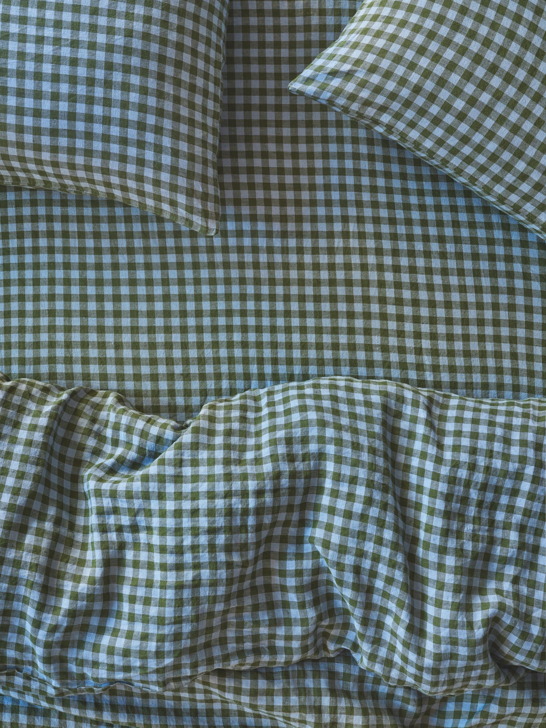 Fern Green & Dusk Blue Color Drenched Gingham 100% Linen Fitted Sheet
