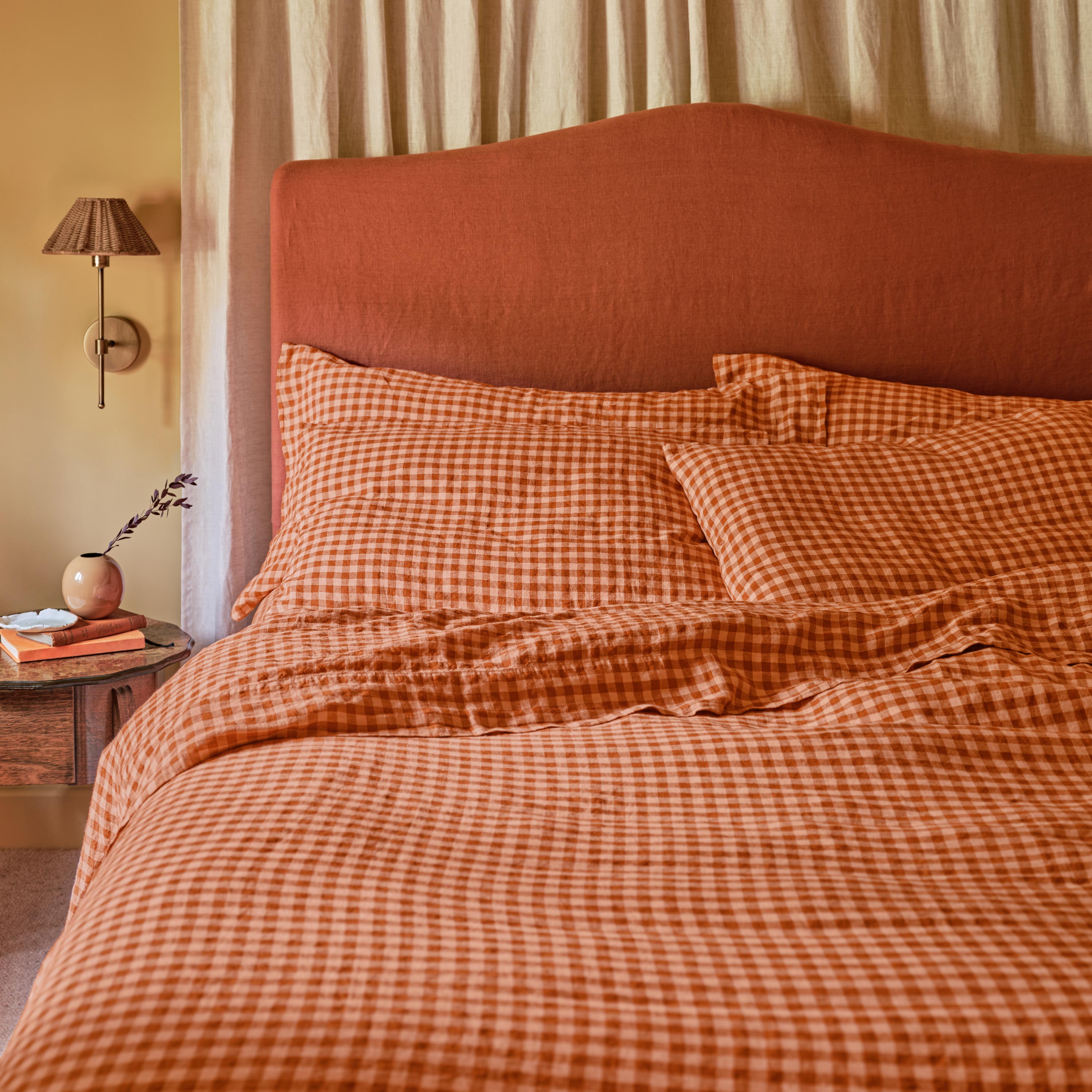 Cinnamon & Peach Color Drenched Gingham 100% Linen Duvet Cover