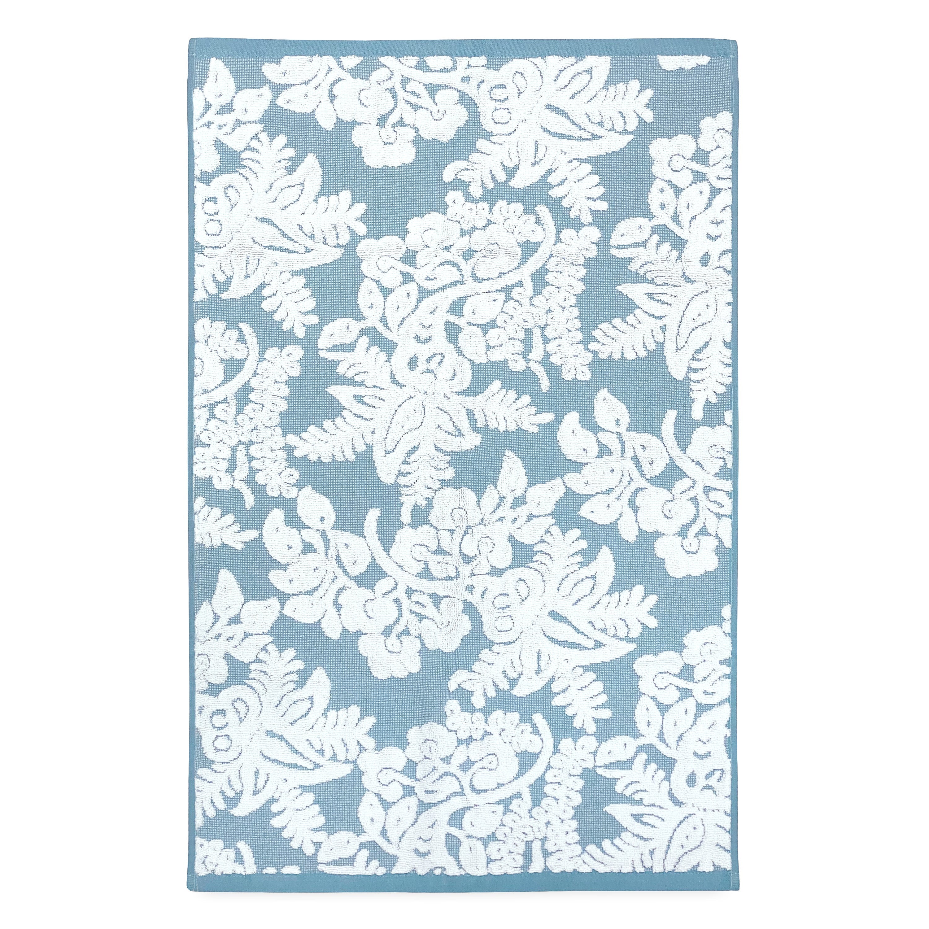 An embroidered Pasak Blue Bath Towel with John Robshaw floral design on a white background.