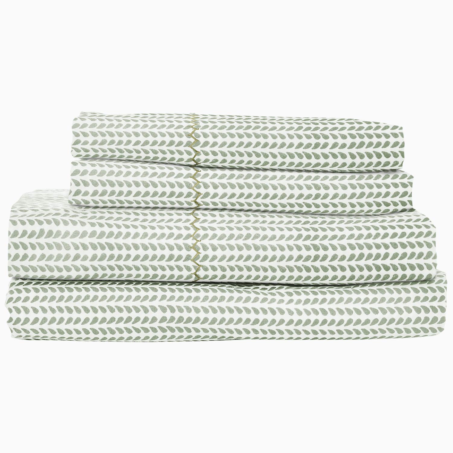 A John Robshaw Cinde Sage Organic Sheet Set with a green and white pattern made of 100% cotton percale.
