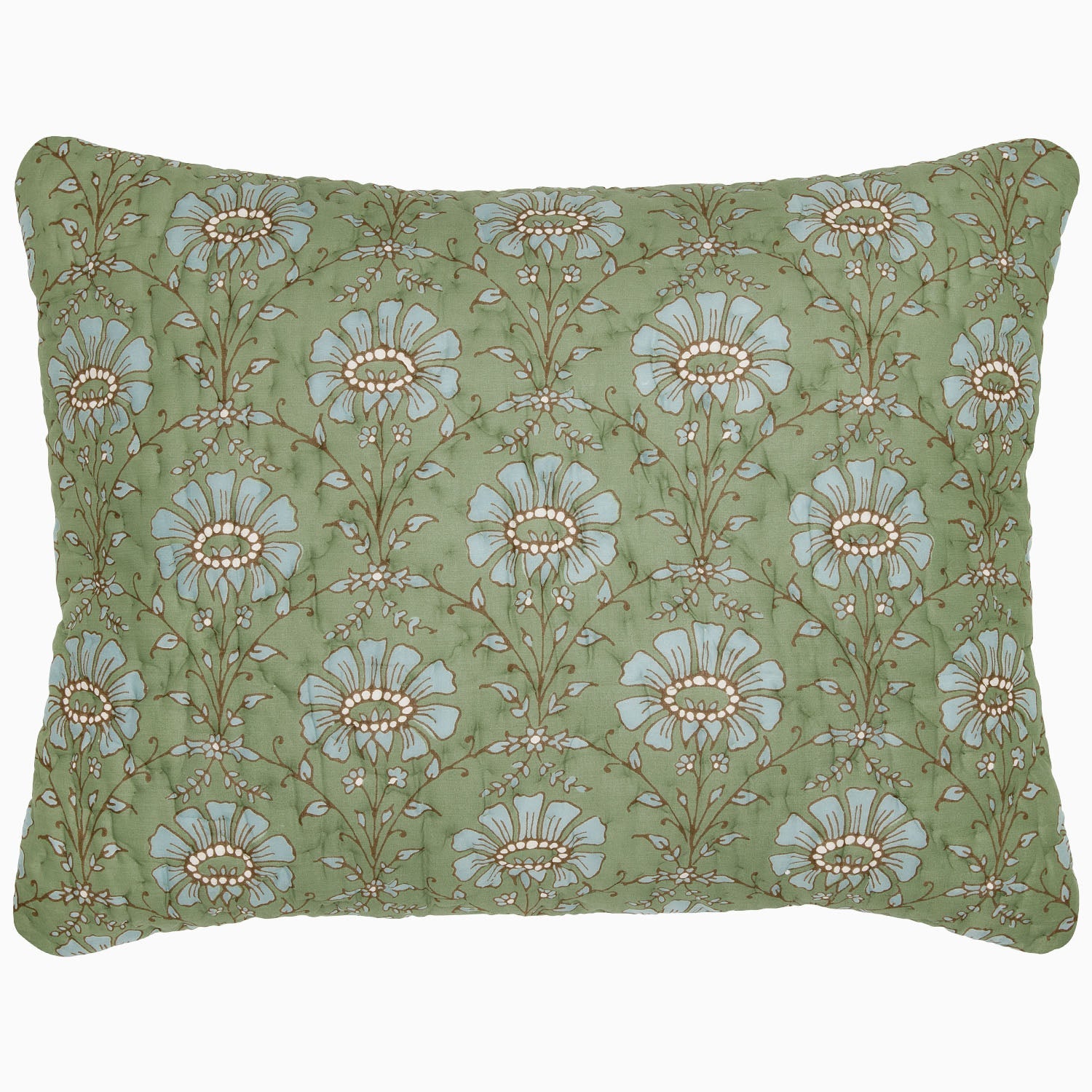 "The Jeeva Sage Quilt by John Robshaw is a rectangular pillow with a green background, featuring a pattern of large blue and white flowers with intricate stems and leaves, reminiscent of a spring meadow design. This soft cotton quilted piece is both charming and cozy."