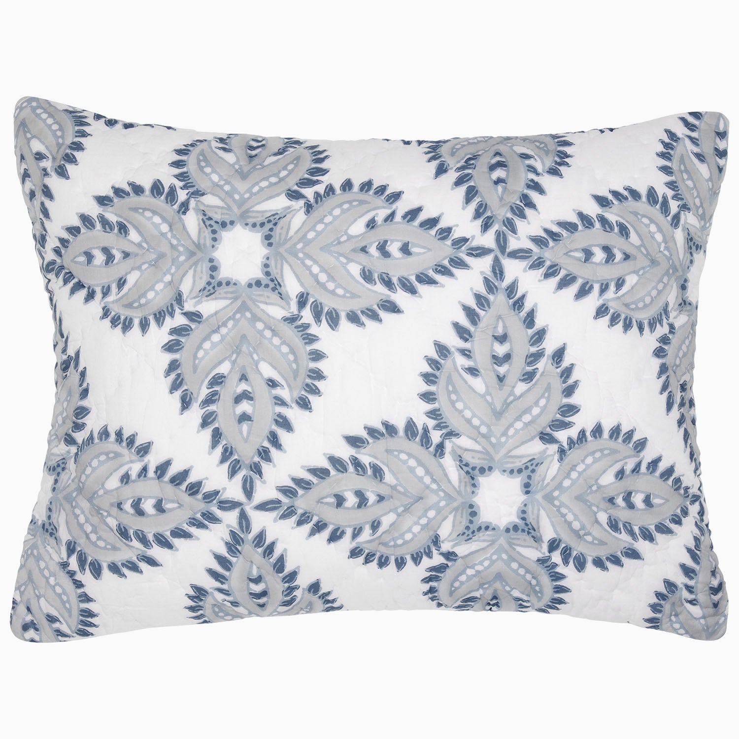 "Rectangular pillow with an intricate blue and gray geometric pattern on a white background, complementing the hand quilted John Robshaw Dasati Lapis Quilt."