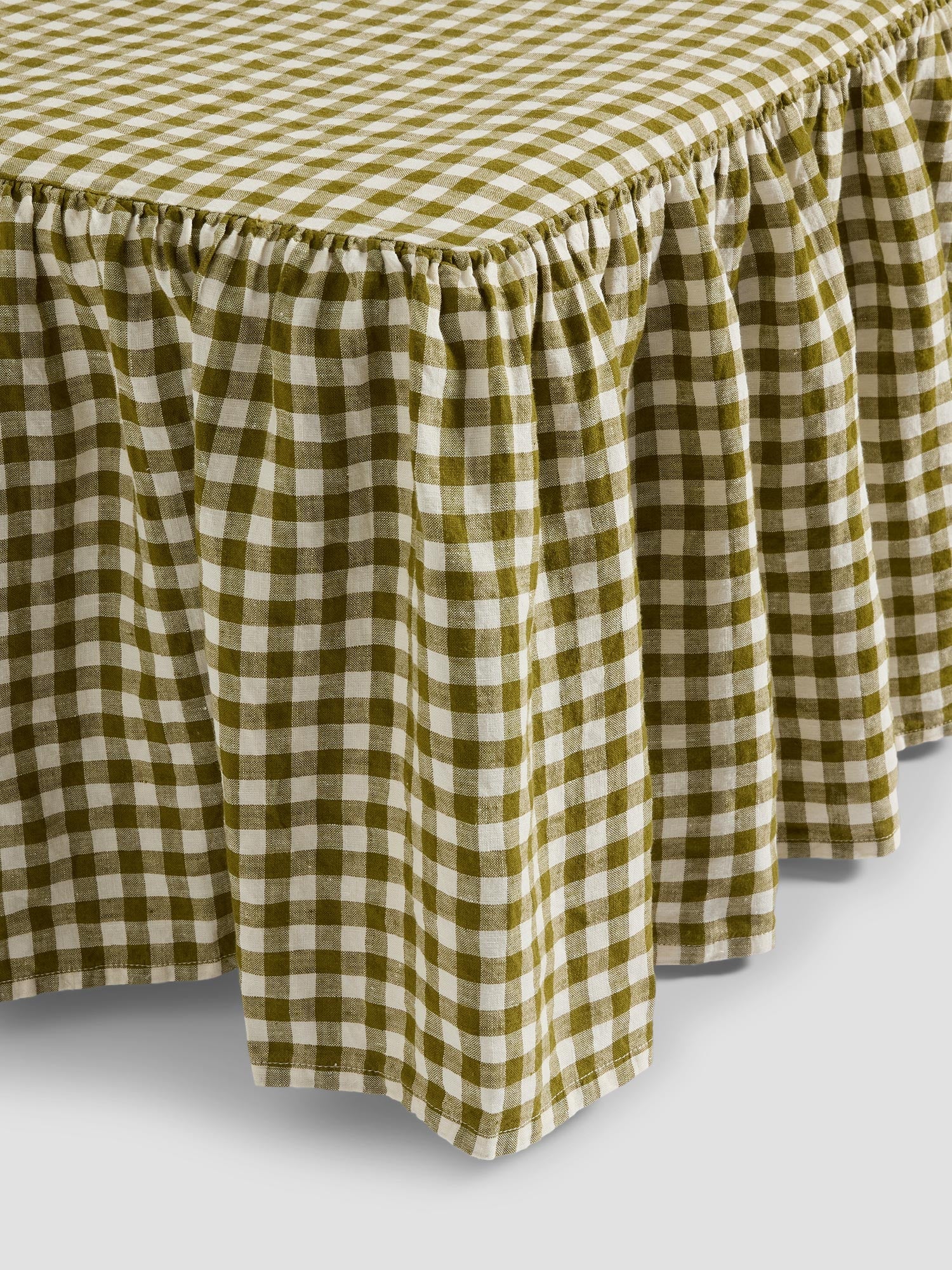 Botanical Green Gingham 100% Linen Bed Skirt