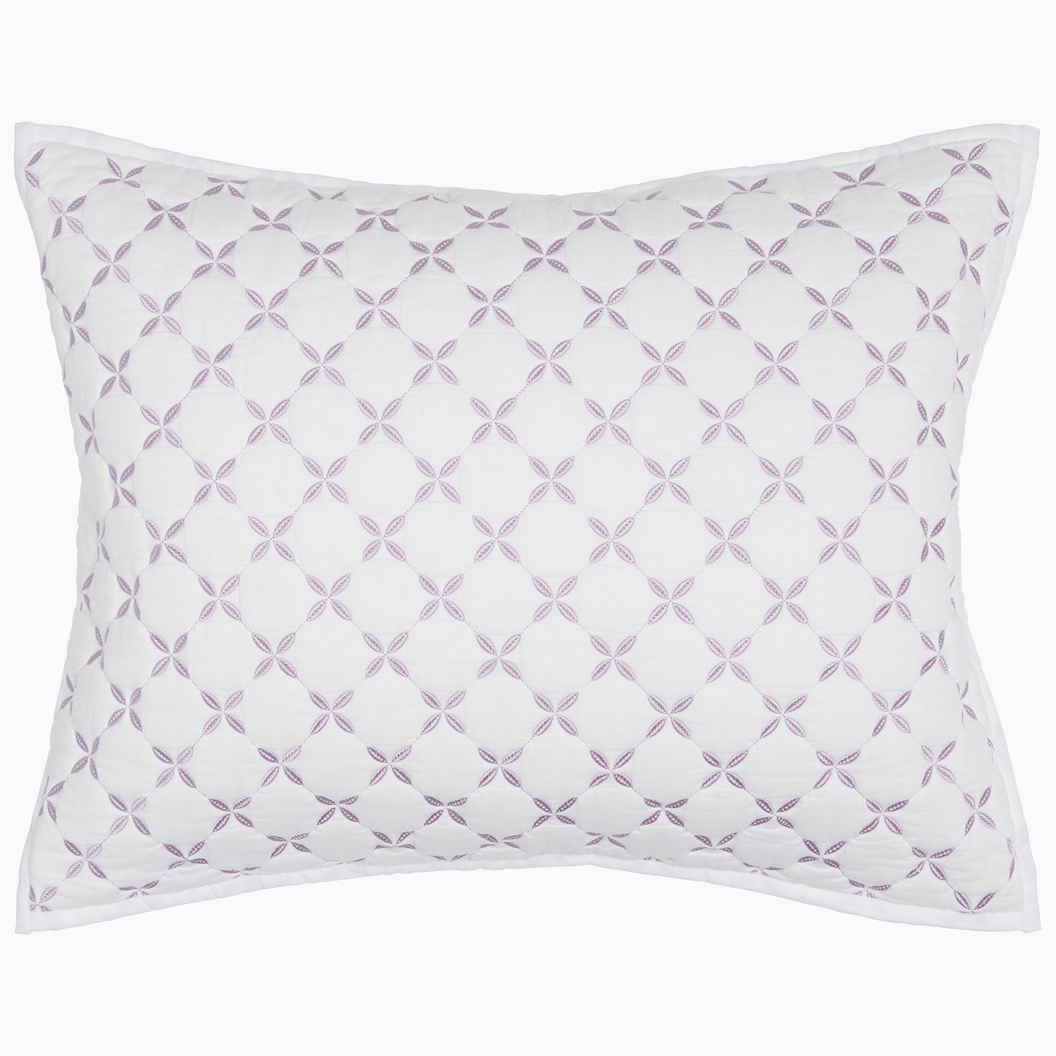 "A Layla Lavender Quilt pillow with a cross design, made from cotton voile, by John Robshaw."