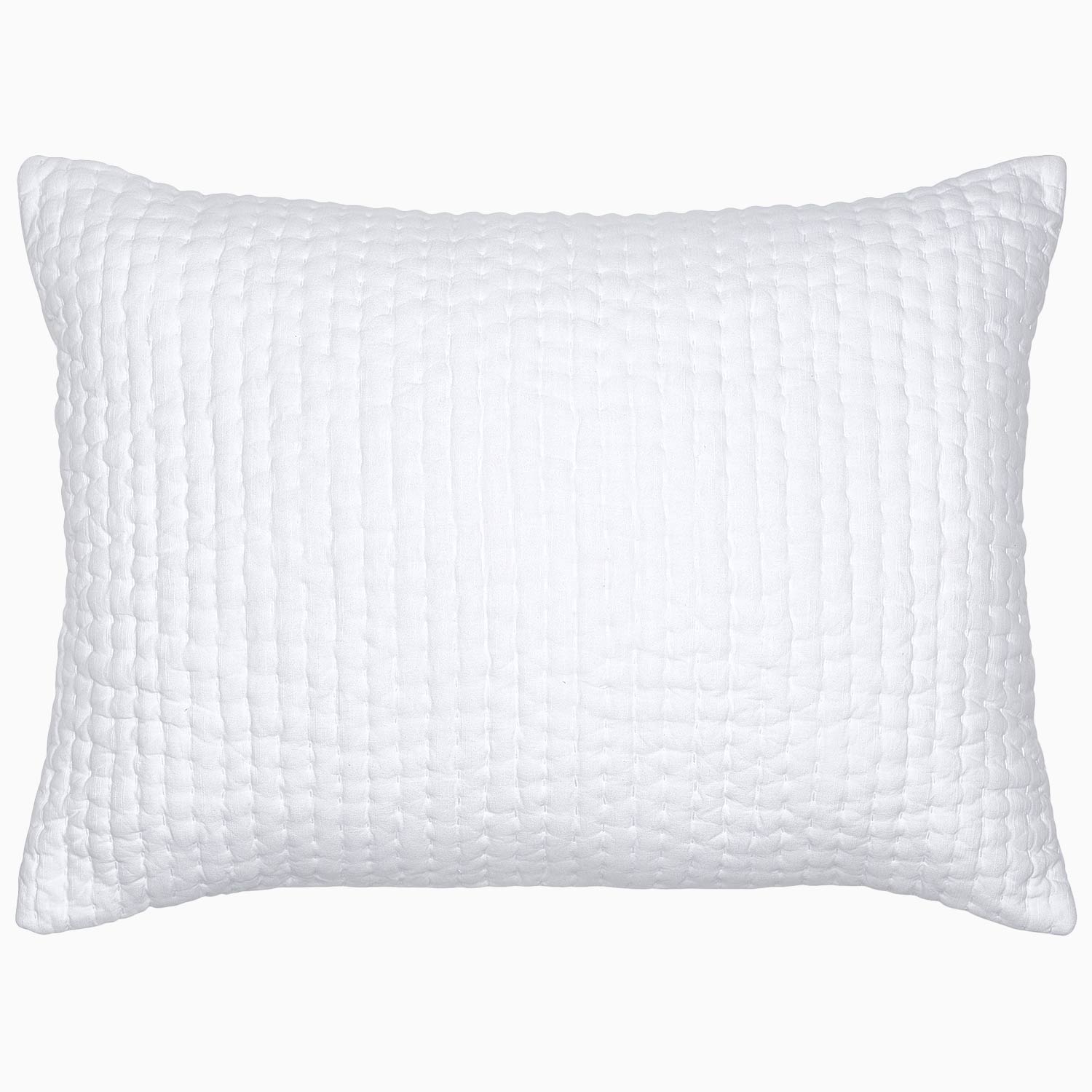 A Vivada White Woven Quilt pillow with hand stitching on a white background by John Robshaw.