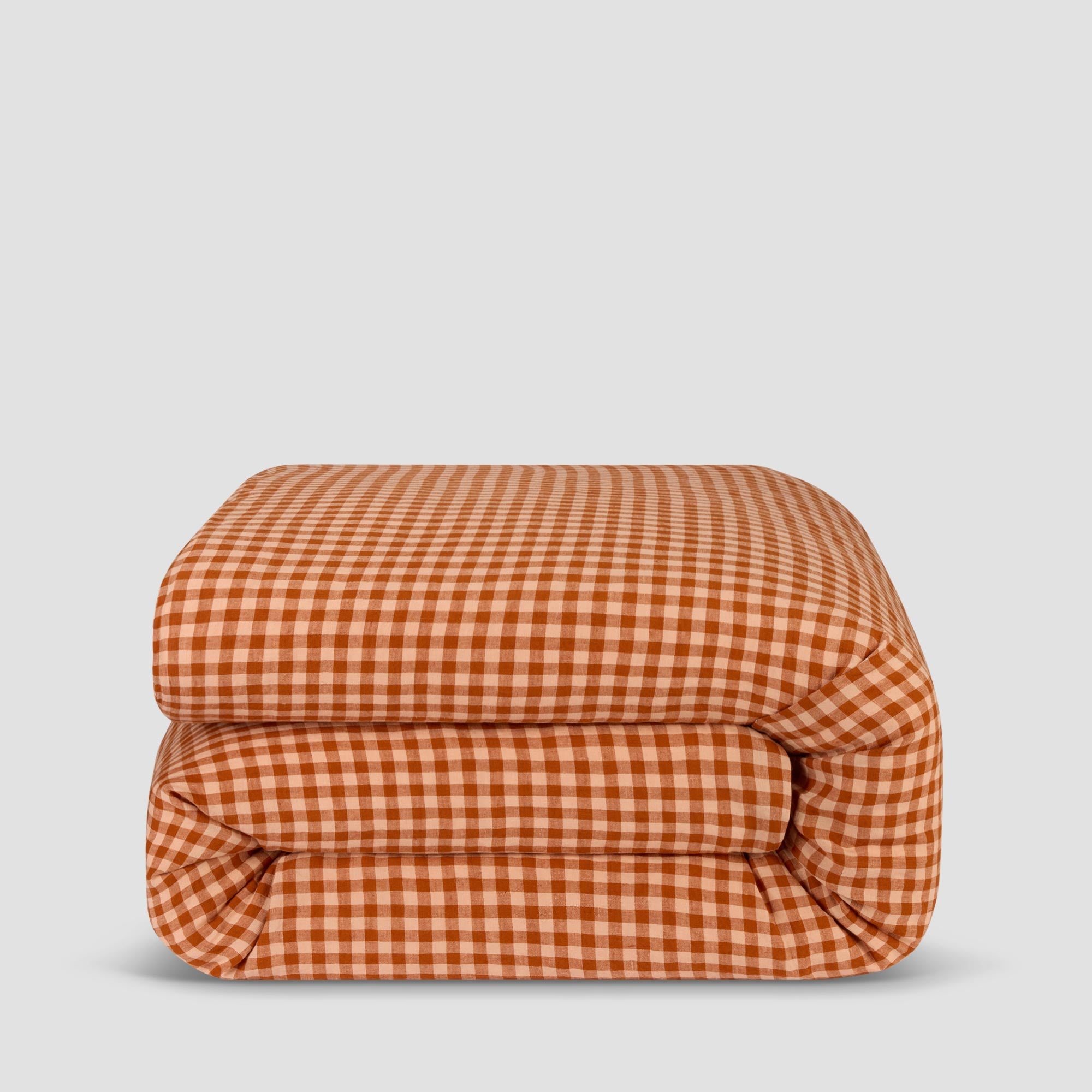 Cinnamon & Peach Color Drenched Gingham 100% Linen Duvet Cover