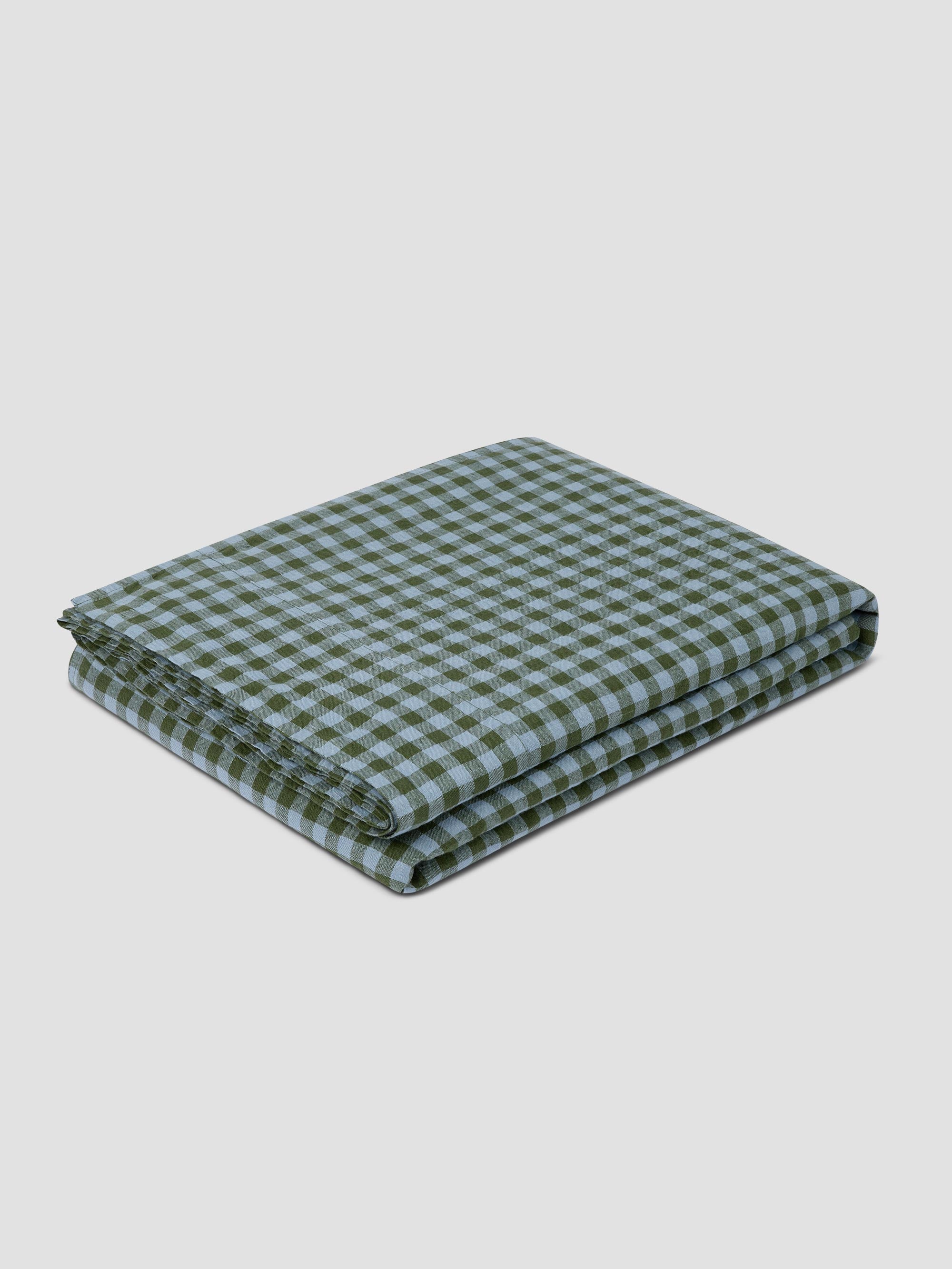 Fern Green & Dusk Blue Color Drenched Gingham 100% Linen Flat Sheet