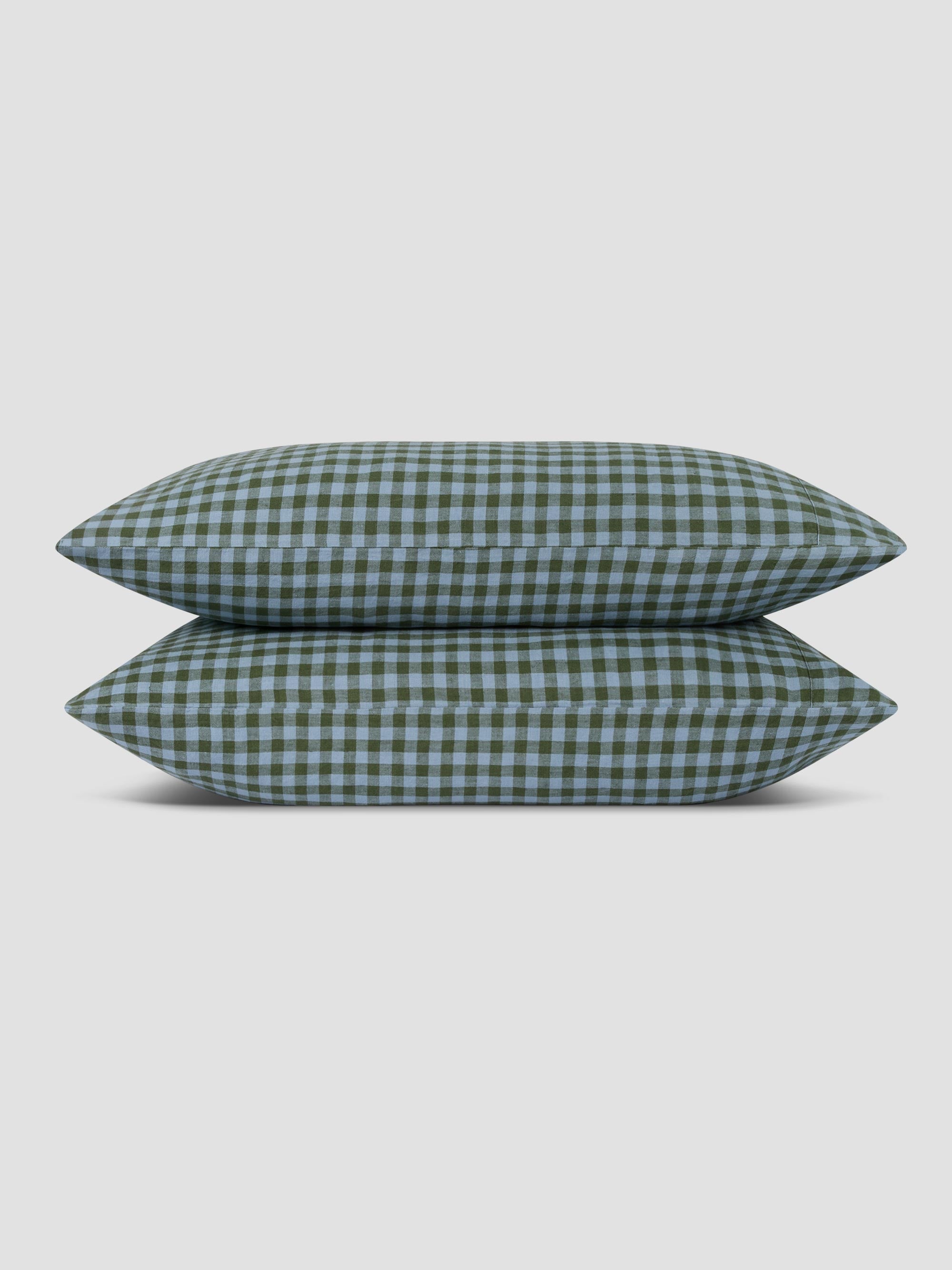 Fern Green & Dusk Blue Color Drenched Gingham 100% Linen Pillowcases (Pair)