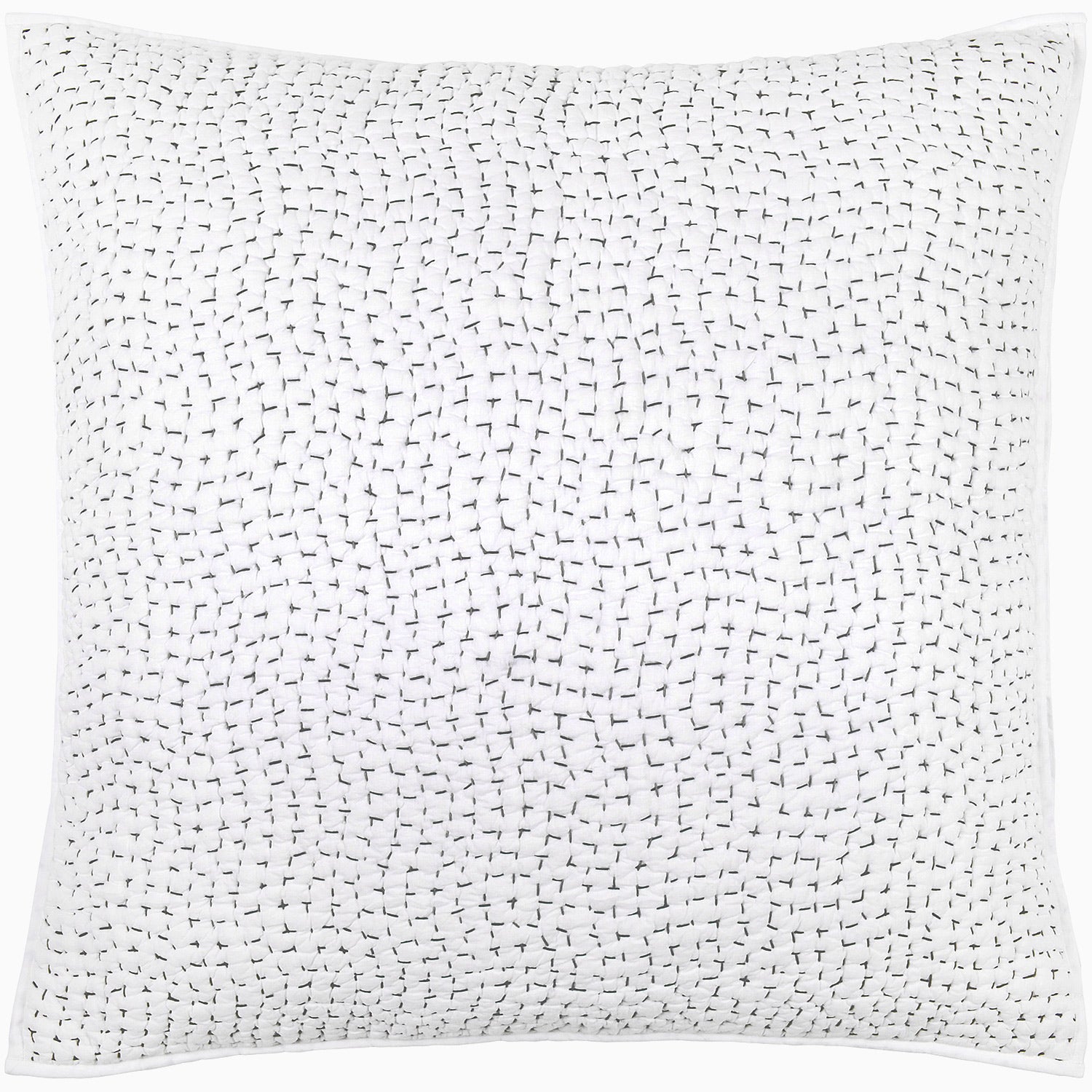 A black and white pillow with hand stitched details.