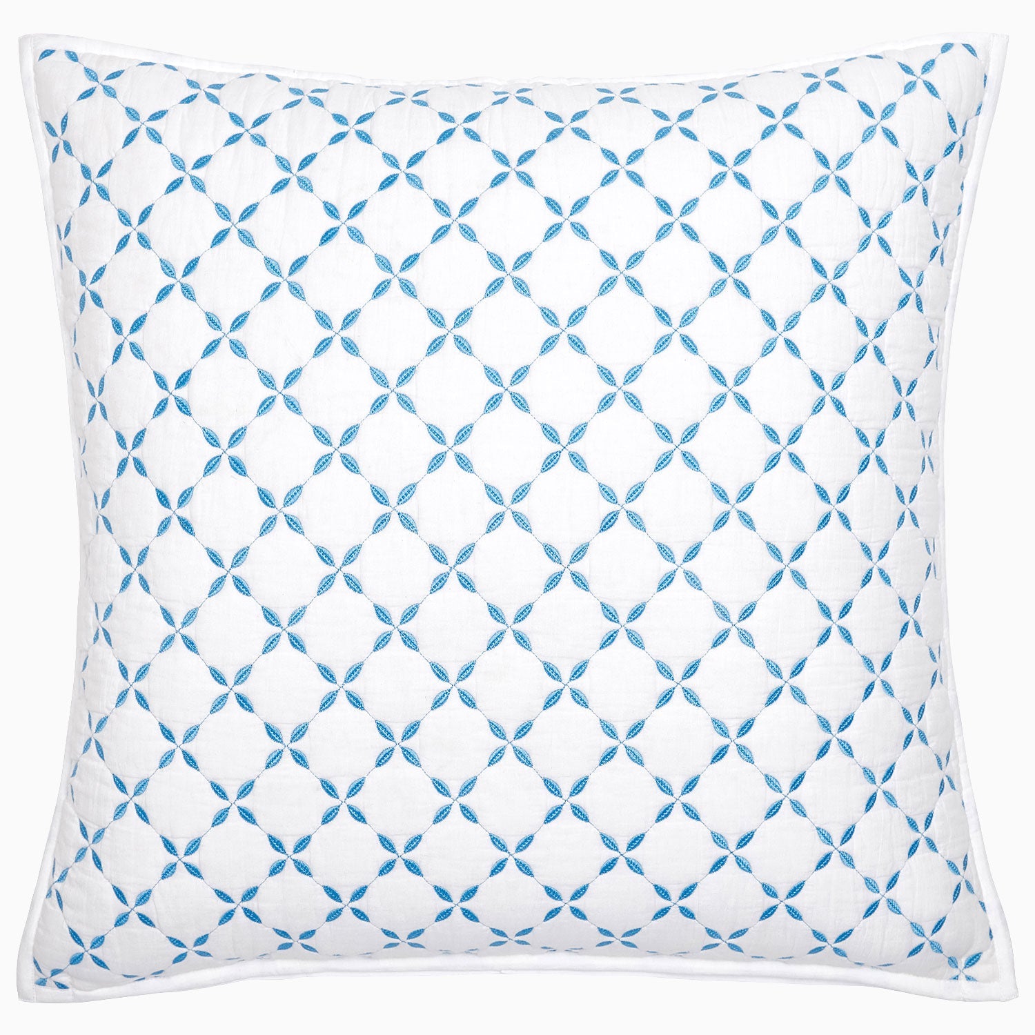 "A Layla Azure Quilt by John Robshaw, with a geometric pattern made of cotton voile."