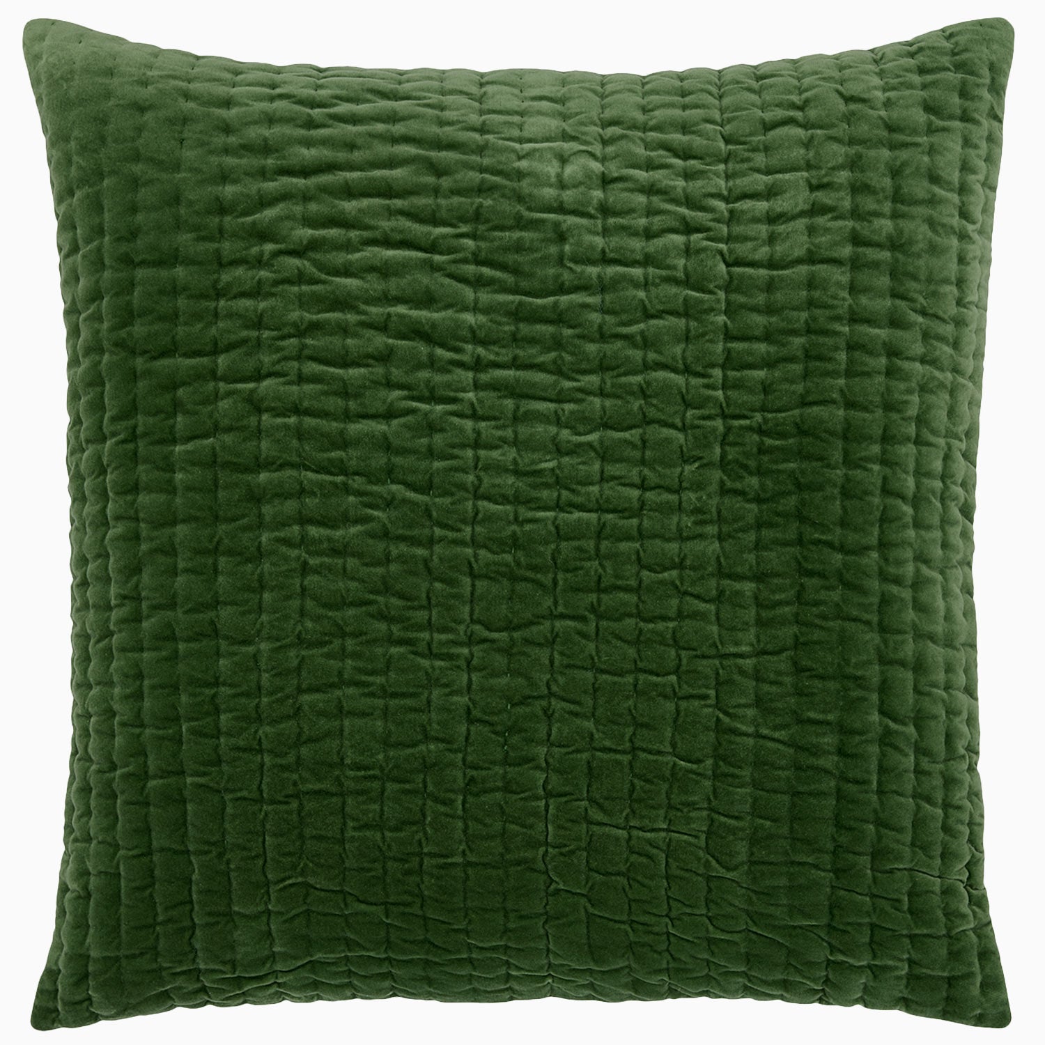 "An exquisite Velvet Moss Quilt, hand quilted by Indian artisans and branded as John Robshaw, stands out against a pristine white background."