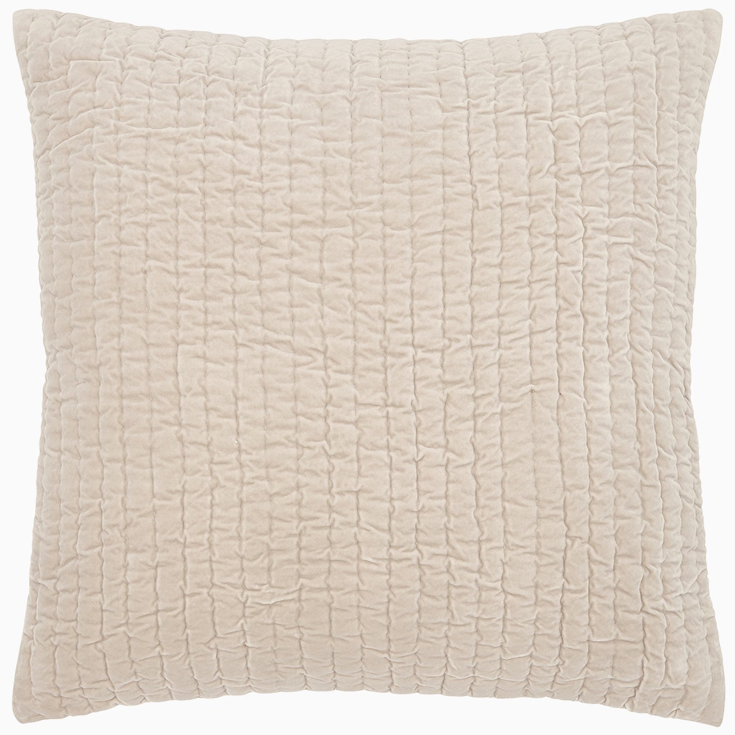 "A soft, beige John Robshaw Velvet Sand Quilted pillow on a white background."
