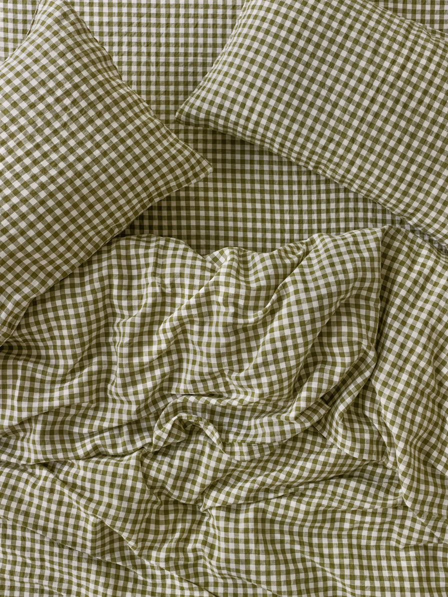 Botanical Green Gingham 100% Linen Duvet Cover