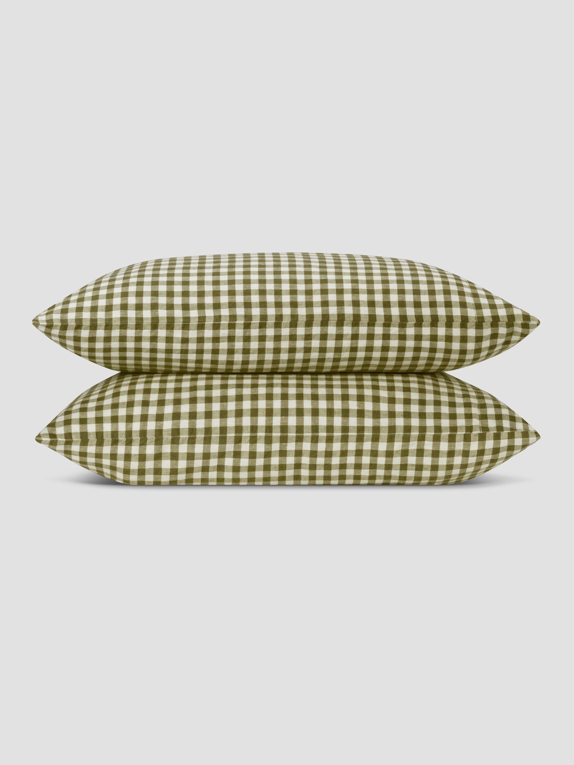 Botanical Green Gingham 100% Linen Pillowcases (Pair)