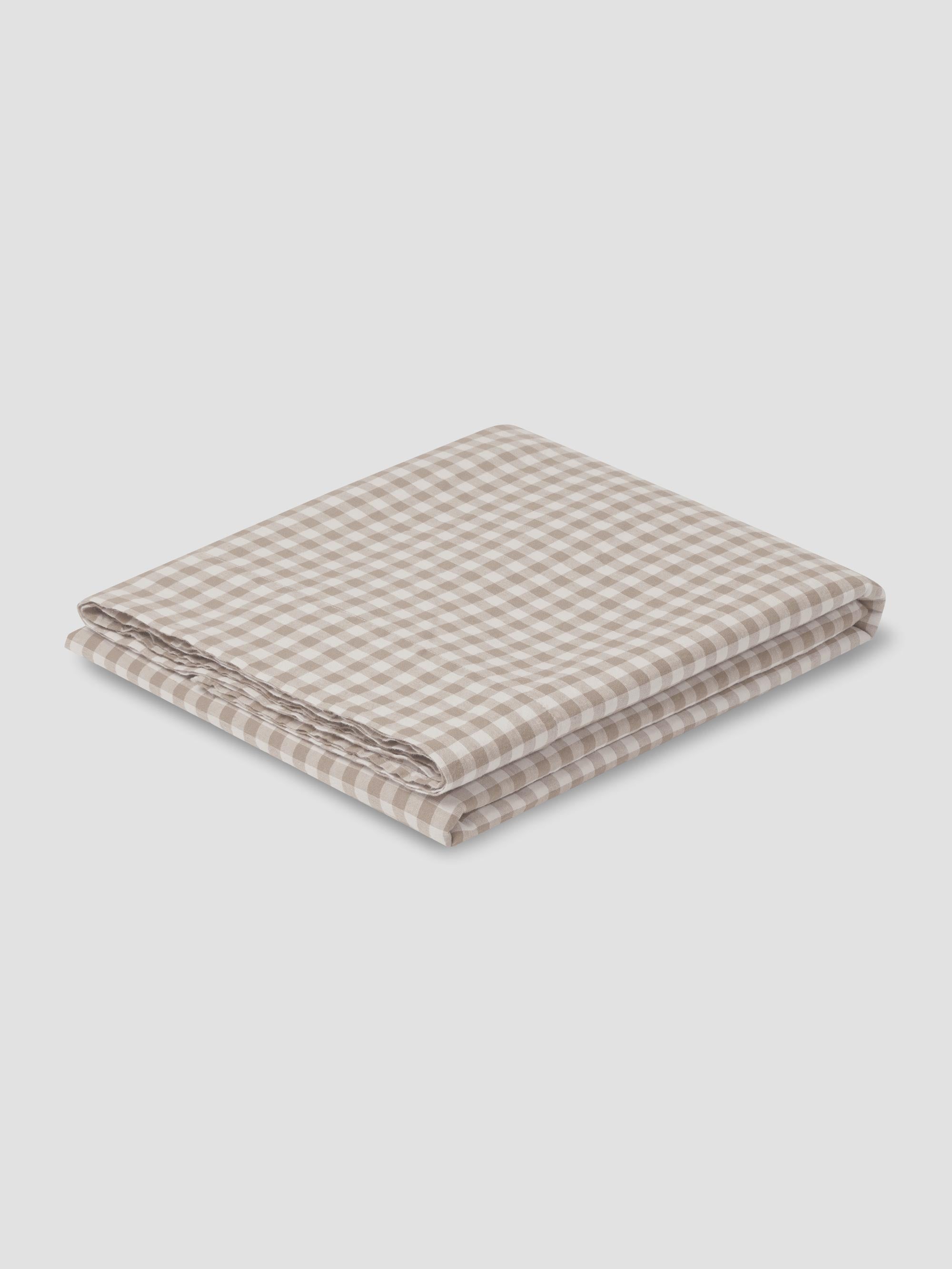 Mushroom Gingham 100% Linen Flat Sheet