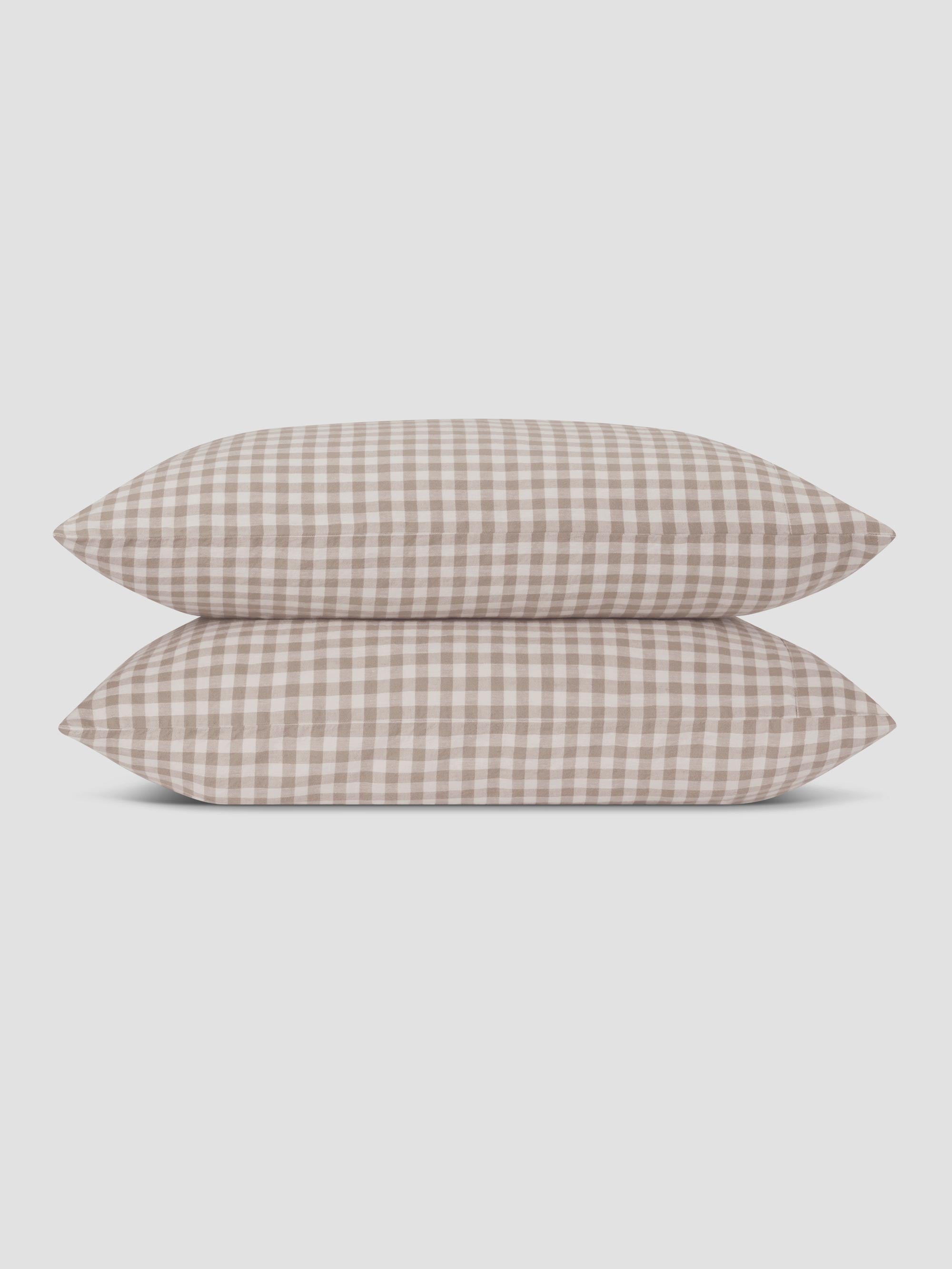 Mushroom Gingham 100% Linen Pillowcases (Pair)