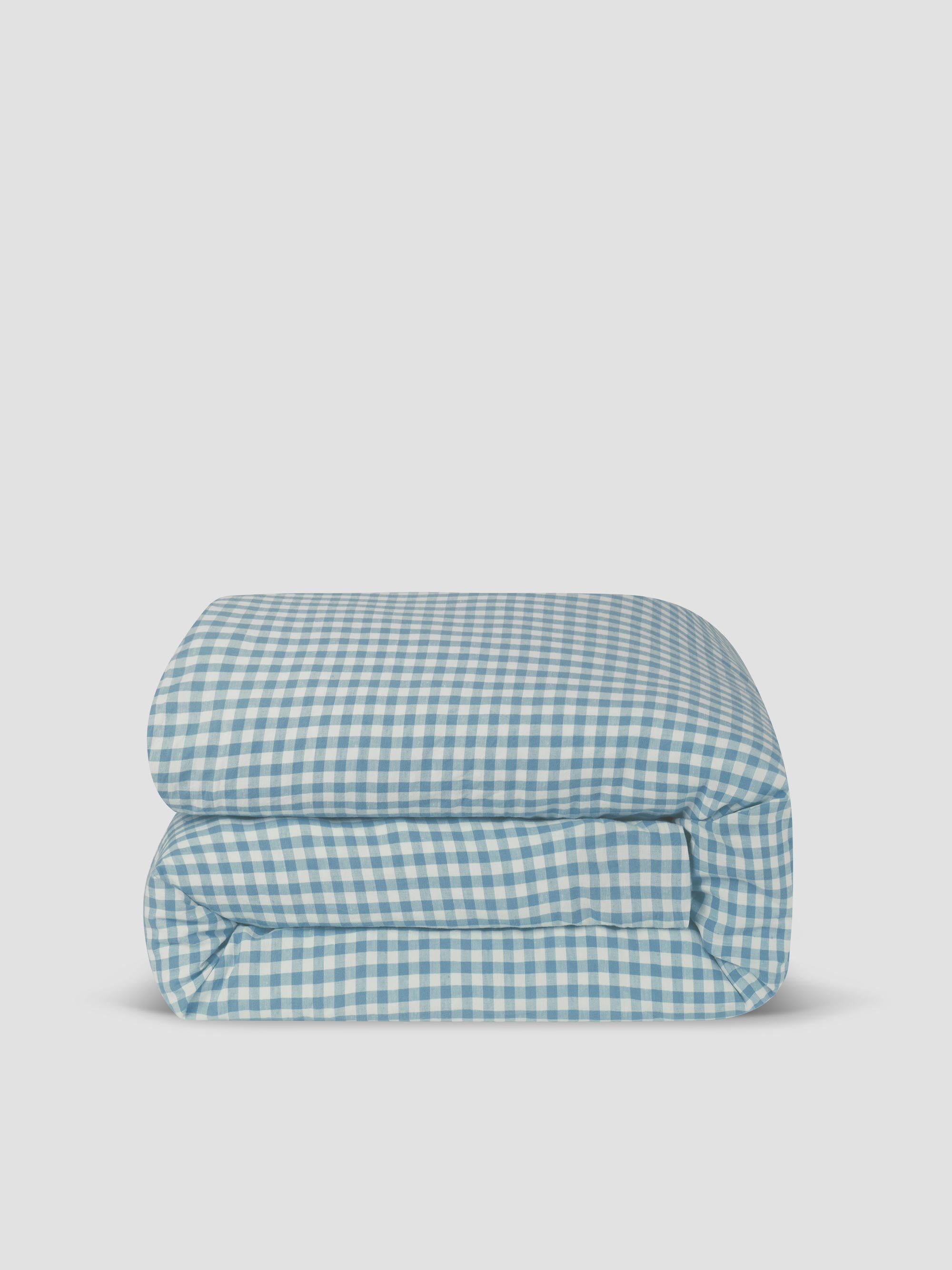 Warm Blue Gingham 100% Linen Duvet Cover