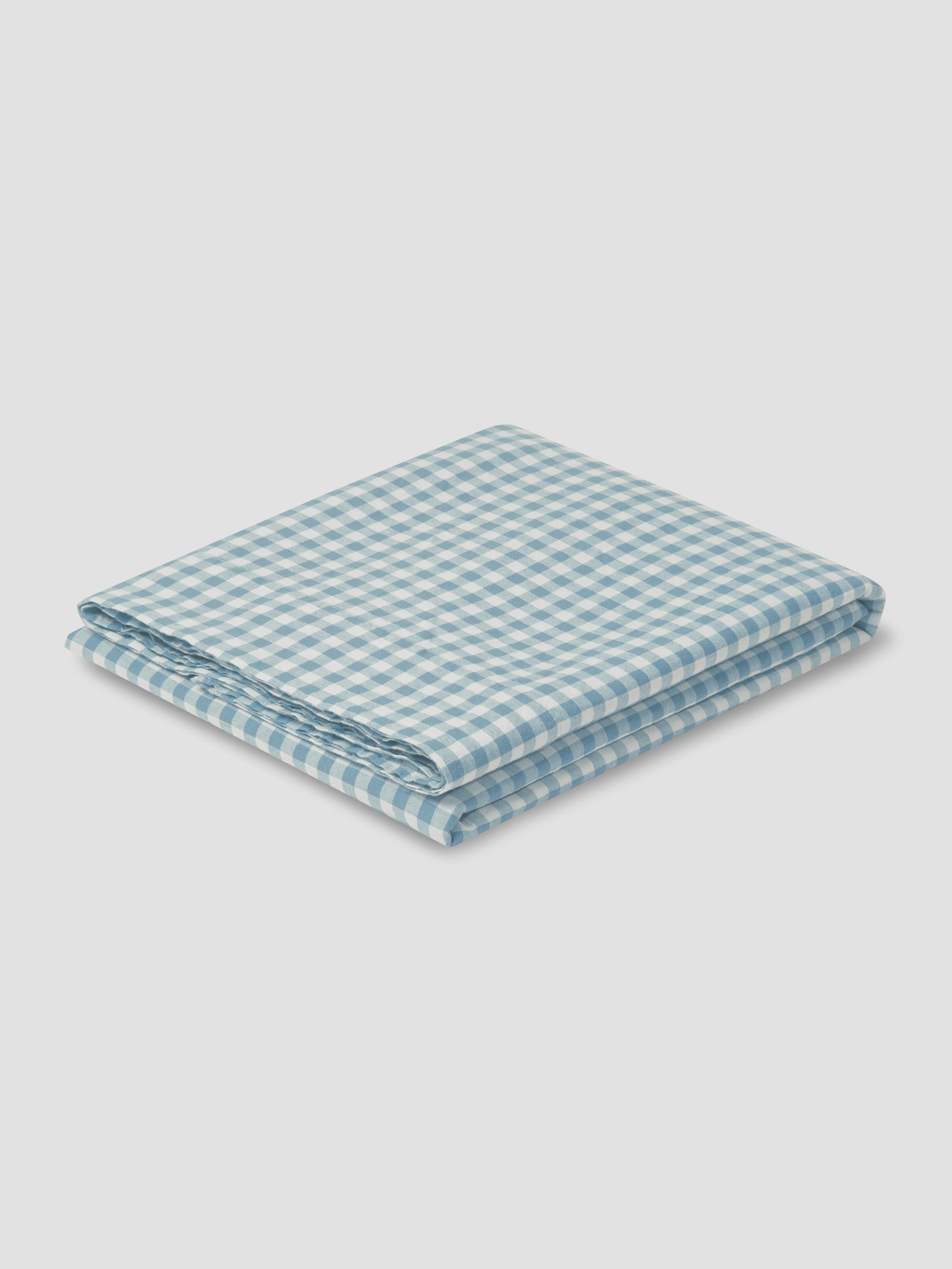 Warm Blue Gingham 100% Linen Flat Sheet