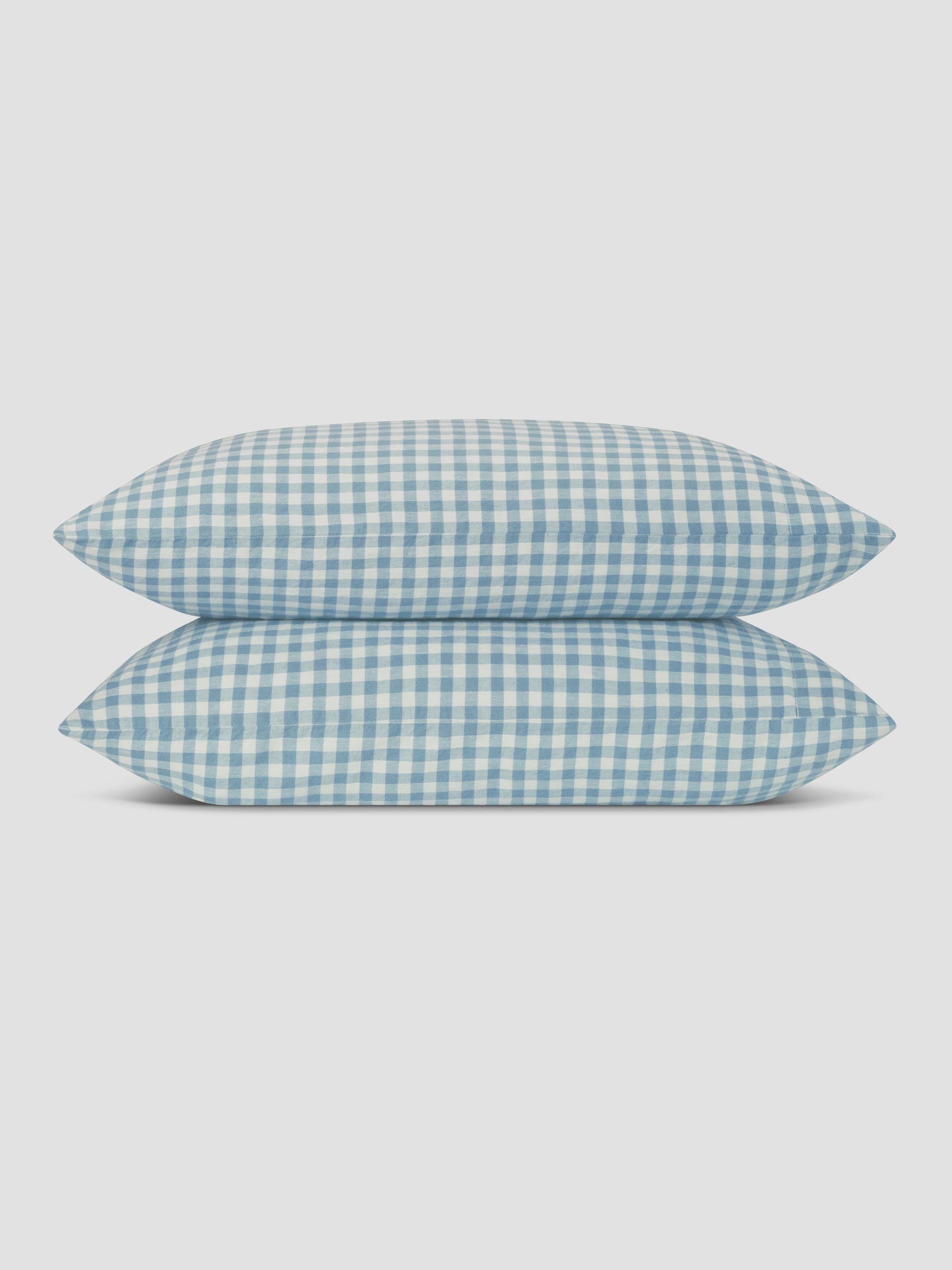 Warm Blue Gingham 100% Linen Pillowcases (Pair)