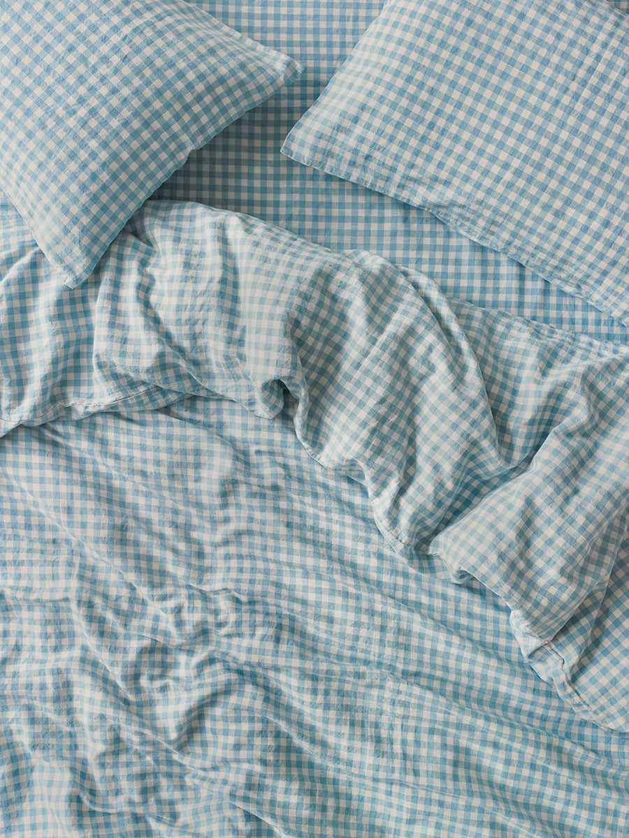 Warm Blue Gingham 100% Linen Duvet Cover
