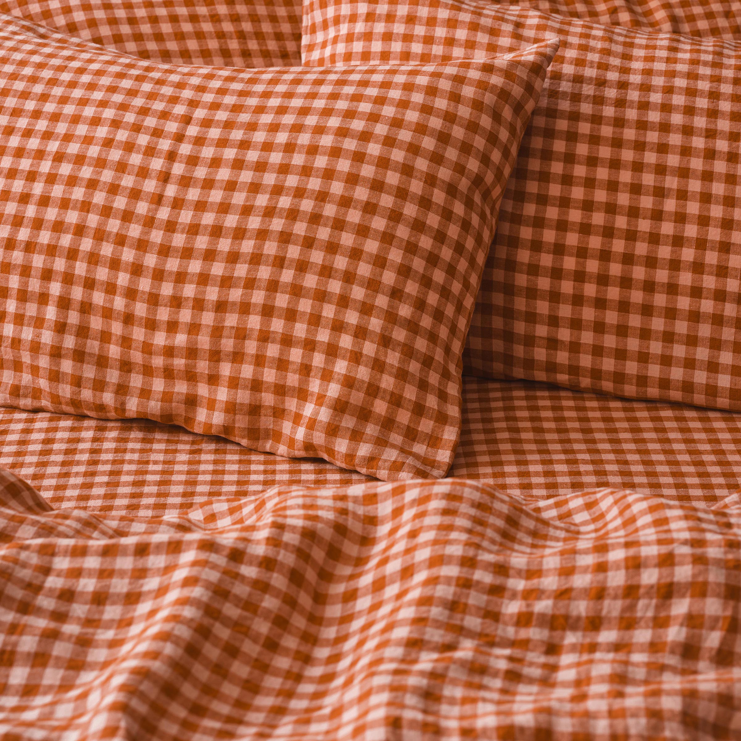 Cinnamon & Peach Color Drenched Gingham 100% Linen Pillowcases (Pair)