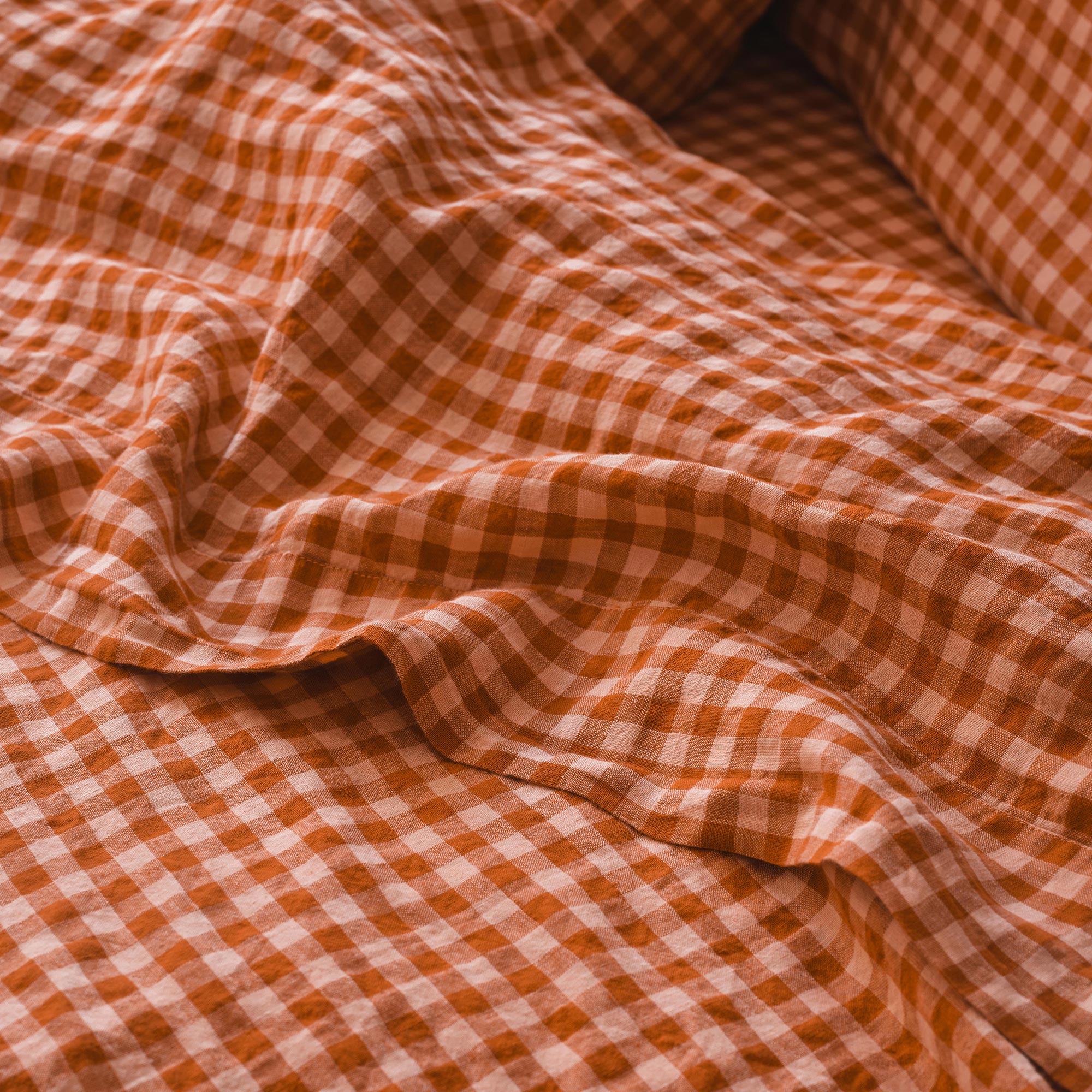 Cinnamon & Peach Color Drenched Gingham 100% Linen Flat Sheet