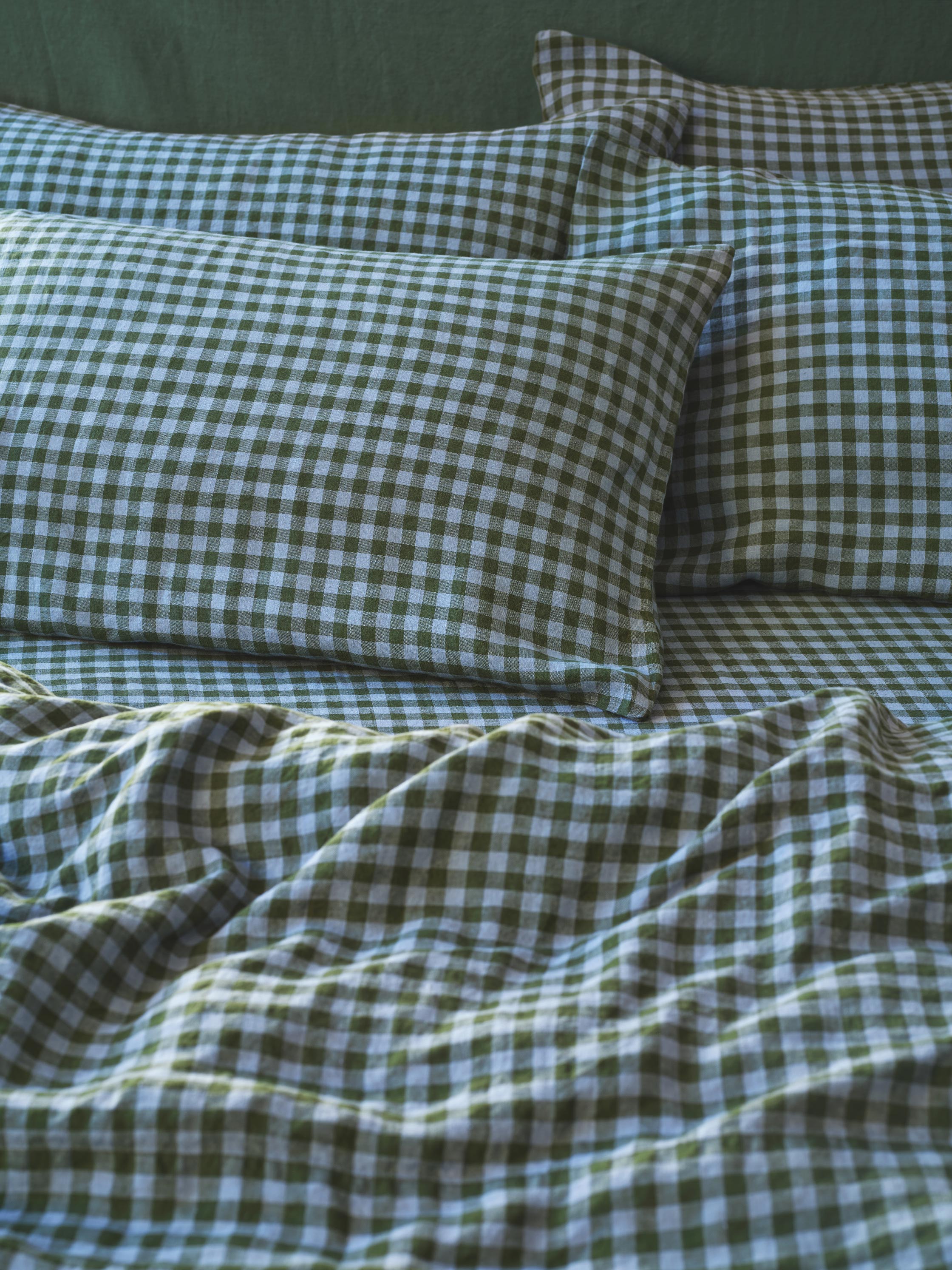 Fern Green & Dusk Blue Color Drenched Gingham 100% Linen Pillowcases (Pair)