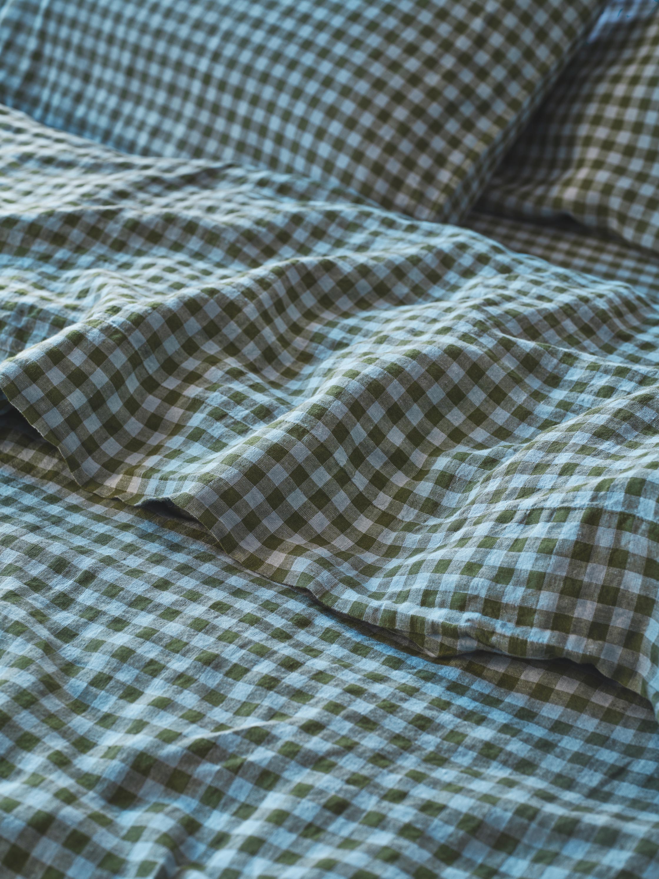 Fern Green & Dusk Blue Color Drenched Gingham 100% Linen Flat Sheet