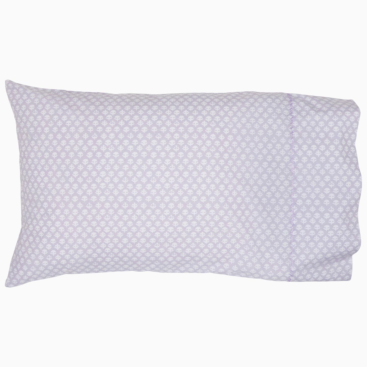 "A Bindi Lavender Organic Sheet Set with a lavender and white polka dot pattern, designed by John Robshaw."