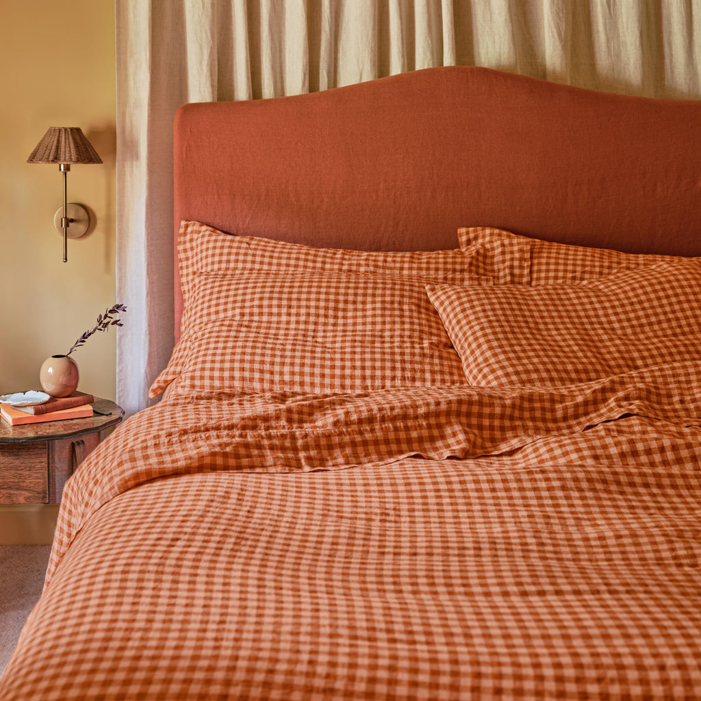 Cinnamon & Peach Color Drenched Gingham 100% Linen Duvet Cover