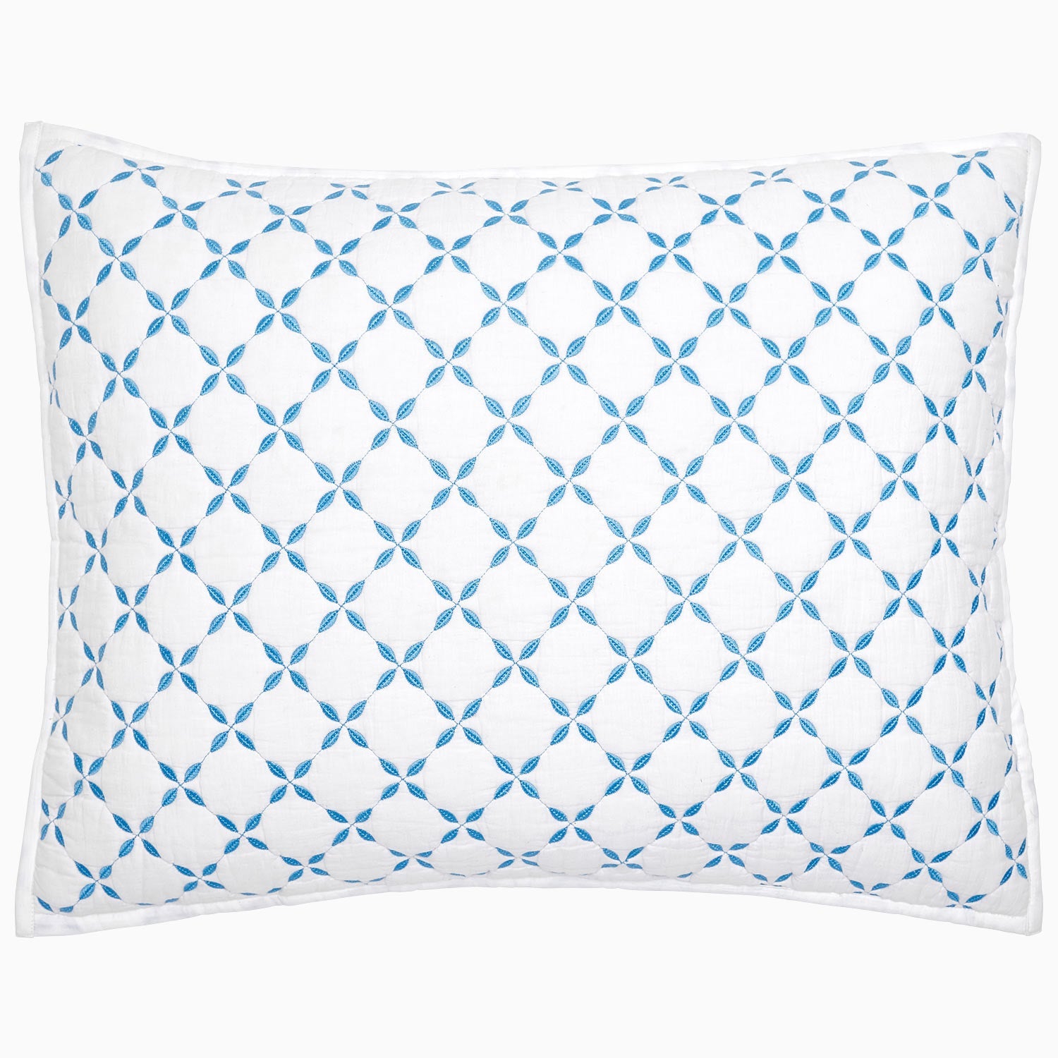 A Layla Azure Quilt pillow by John Robshaw with a blue and white geometric pattern.