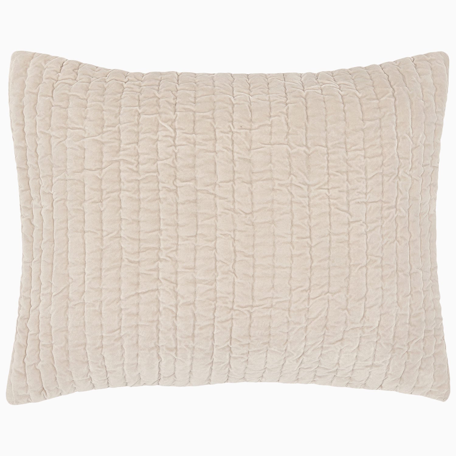 "A soft beige Velvet Sand Quilt pillow on a white background, hand quilted by John Robshaw."