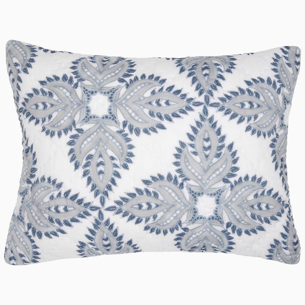 "Rectangular pillow with an intricate blue and gray geometric pattern on a white background, complementing the hand quilted John Robshaw Dasati Lapis Quilt."