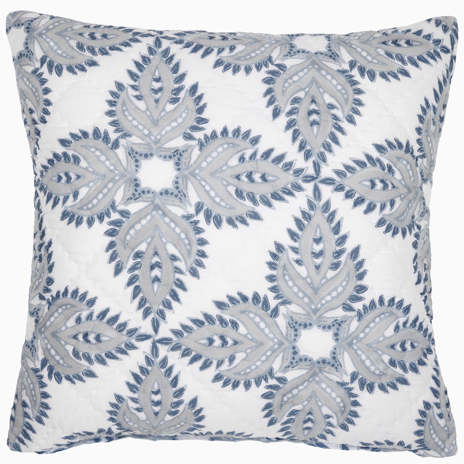 "Introducing the Dasati Lapis Quilt by John Robshaw, a square decorative pillow featuring a geometric leaf pattern in shades of blue and gray on a white background, intricately hand quilted for a unique touch."