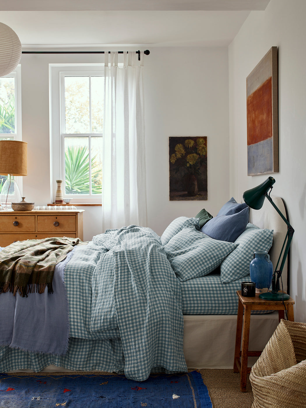 Warm Blue Gingham 100% Linen Duvet Cover