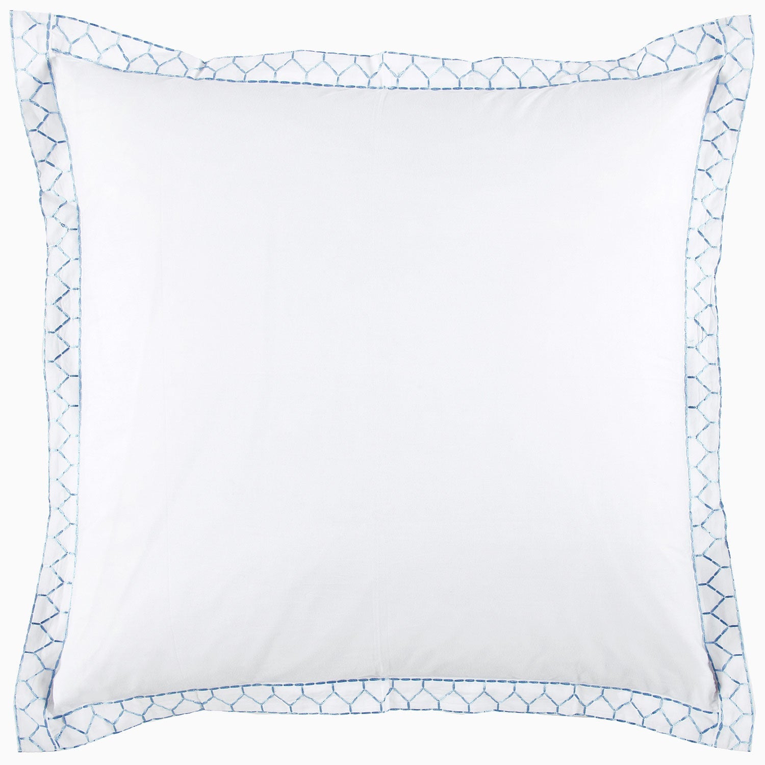 A white pillow with blue trim featuring embroidered designs and made from Stitched Light Indigo Organic Sheets by John Robshaw.