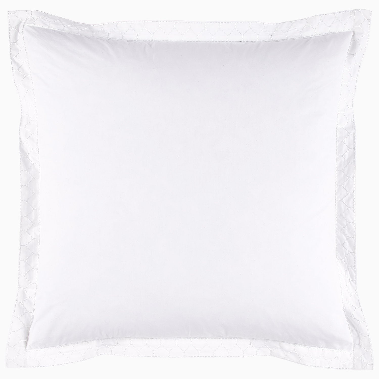 A John Robshaw stitched white organic pillow with embroidered designs on a white background.