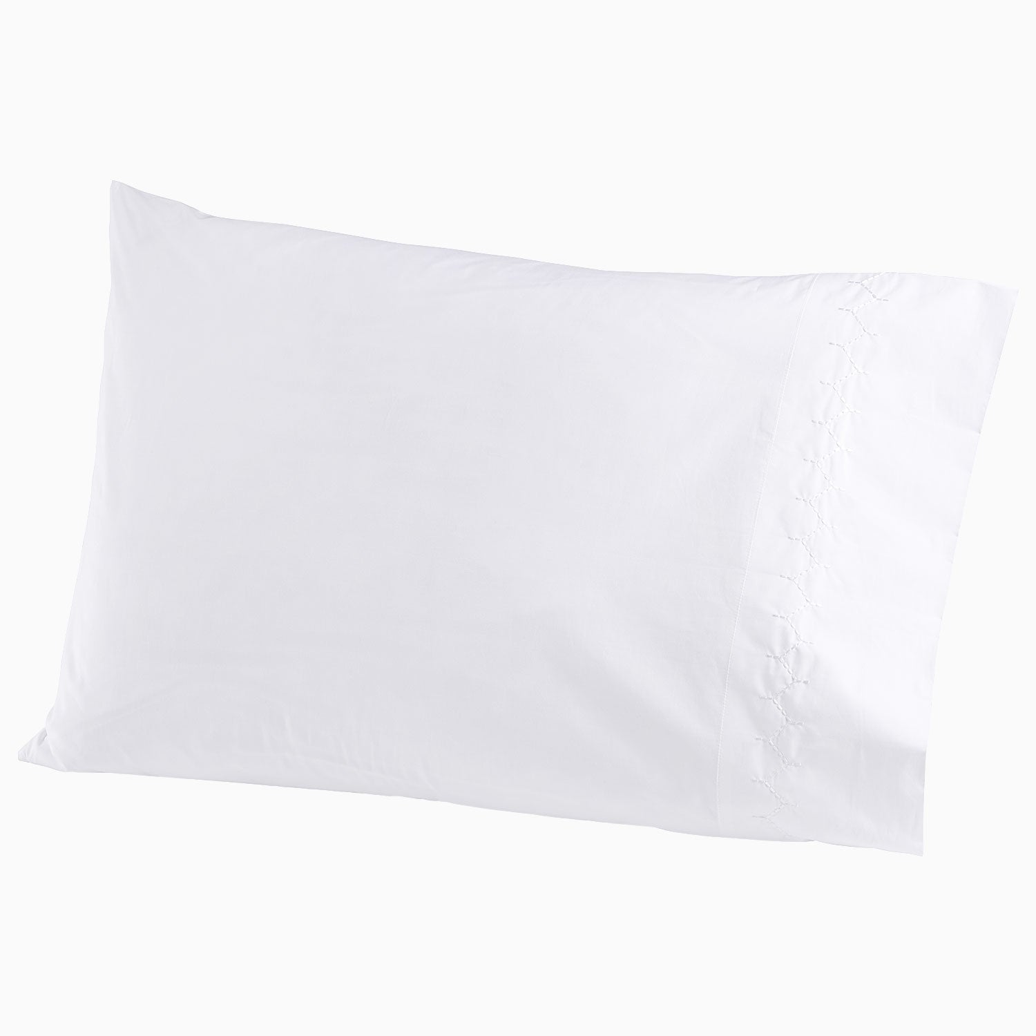 "Description: A white pillow with embroidered designs, placed on a white background.  Product Name: John Robshaw Stitched White Organic Sheets"