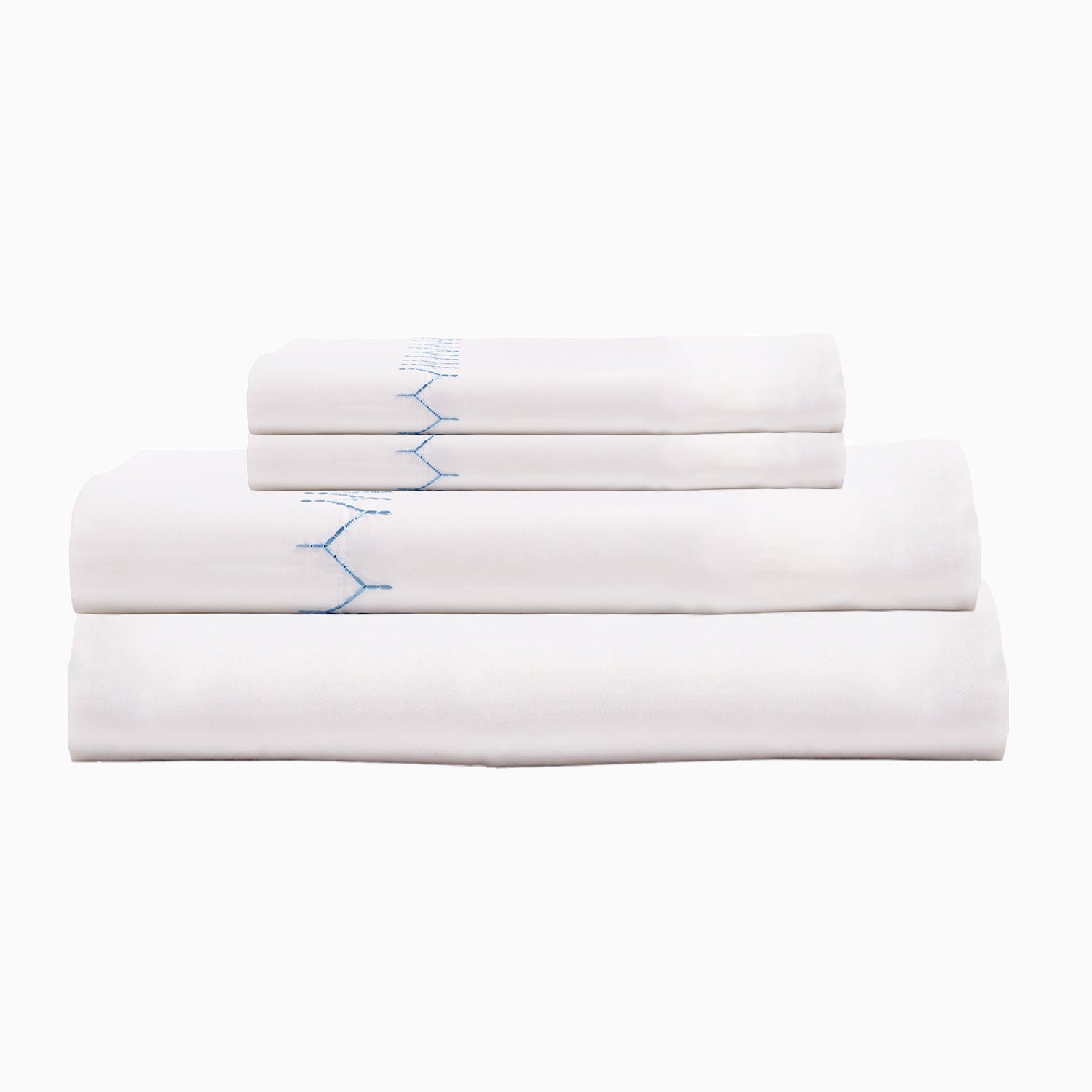 A Stitched Light Indigo Organic Sheets set by John Robshaw with blue lines and organic cotton percale.