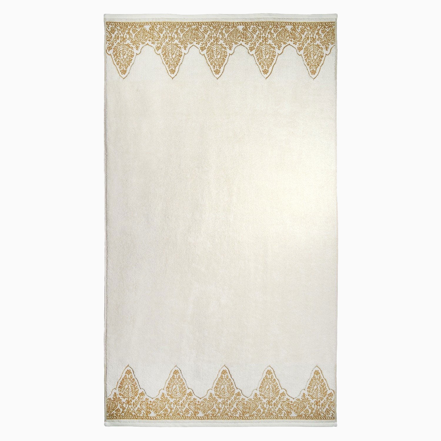 "An antique John Robshaw paisley jacquard Nadir Pearl White/ Gold Bath Towel with an ornate design, suitable for a bathroom."
