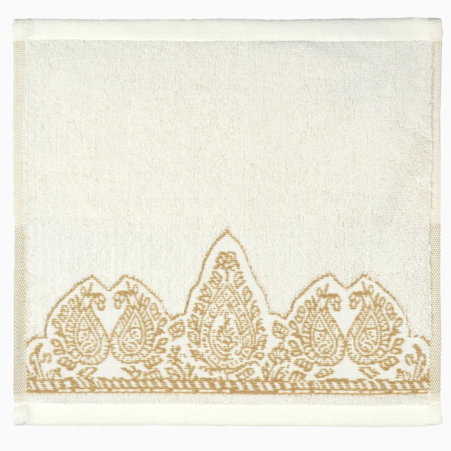 "An antique John Robshaw Nadir Pearl White/ Gold Bath Towel for the bathroom, featuring intricate gold paisley designs."