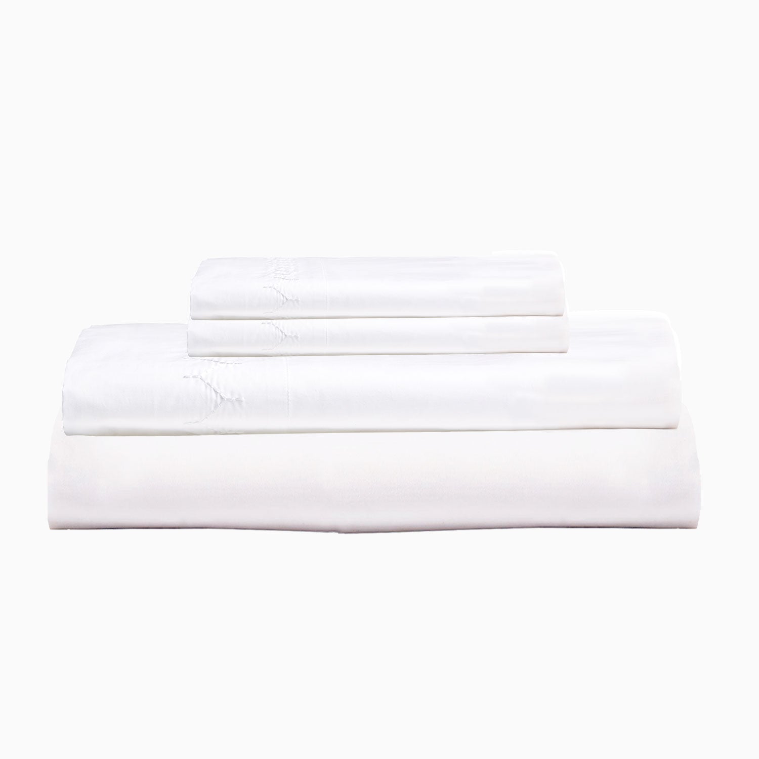"Three Stitched White Organic Sheets stacked on top of each other made with organic cotton, John Robshaw."